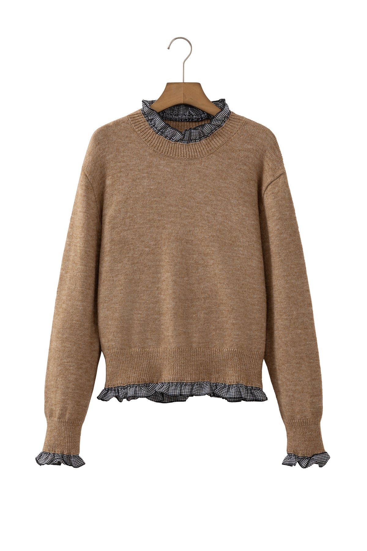 Chicory Coffee Contrast Plaid Ruffle Trim Pullover Sweater