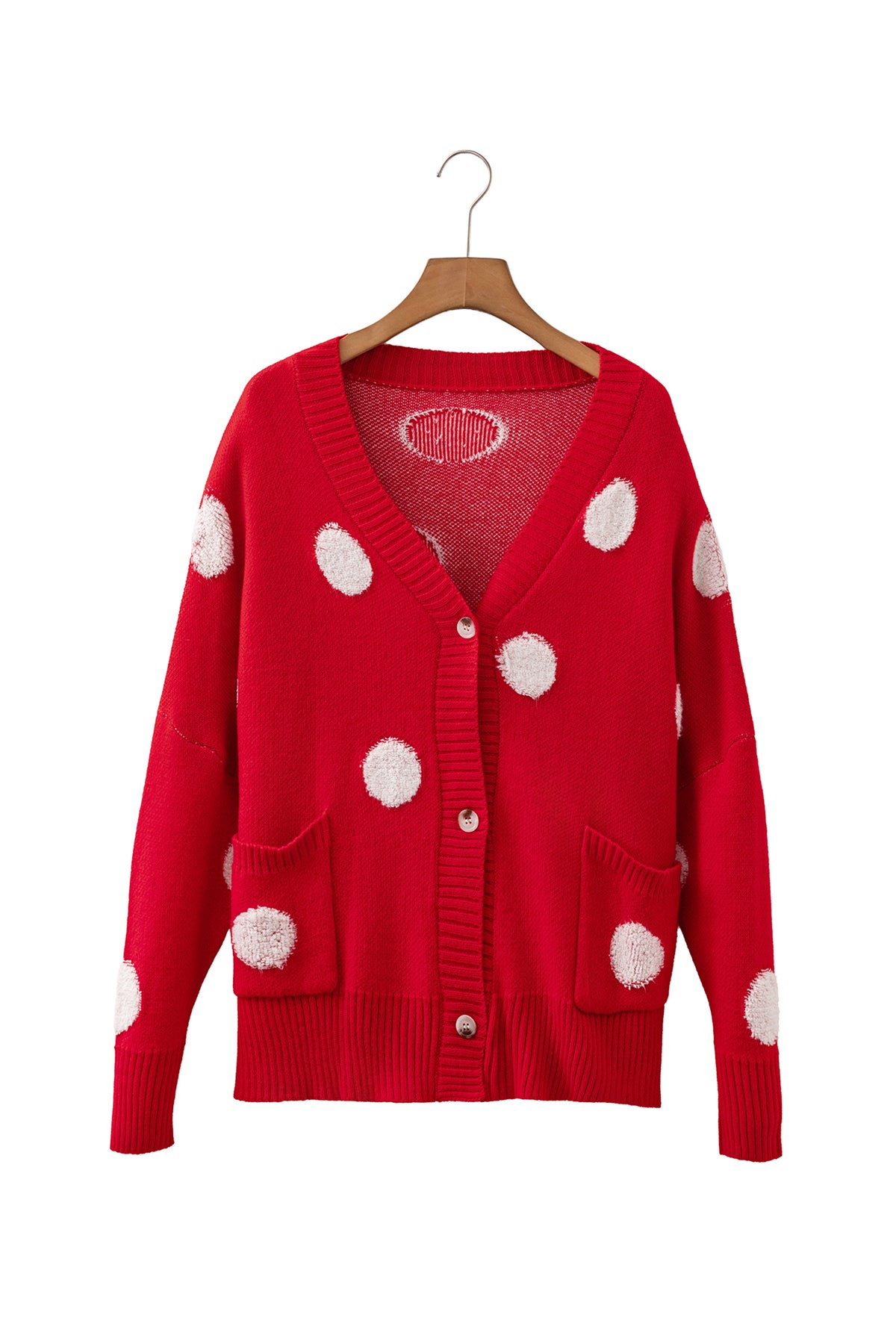 Beige Polka Dot Button Front Oversized V Neck Cardigan
