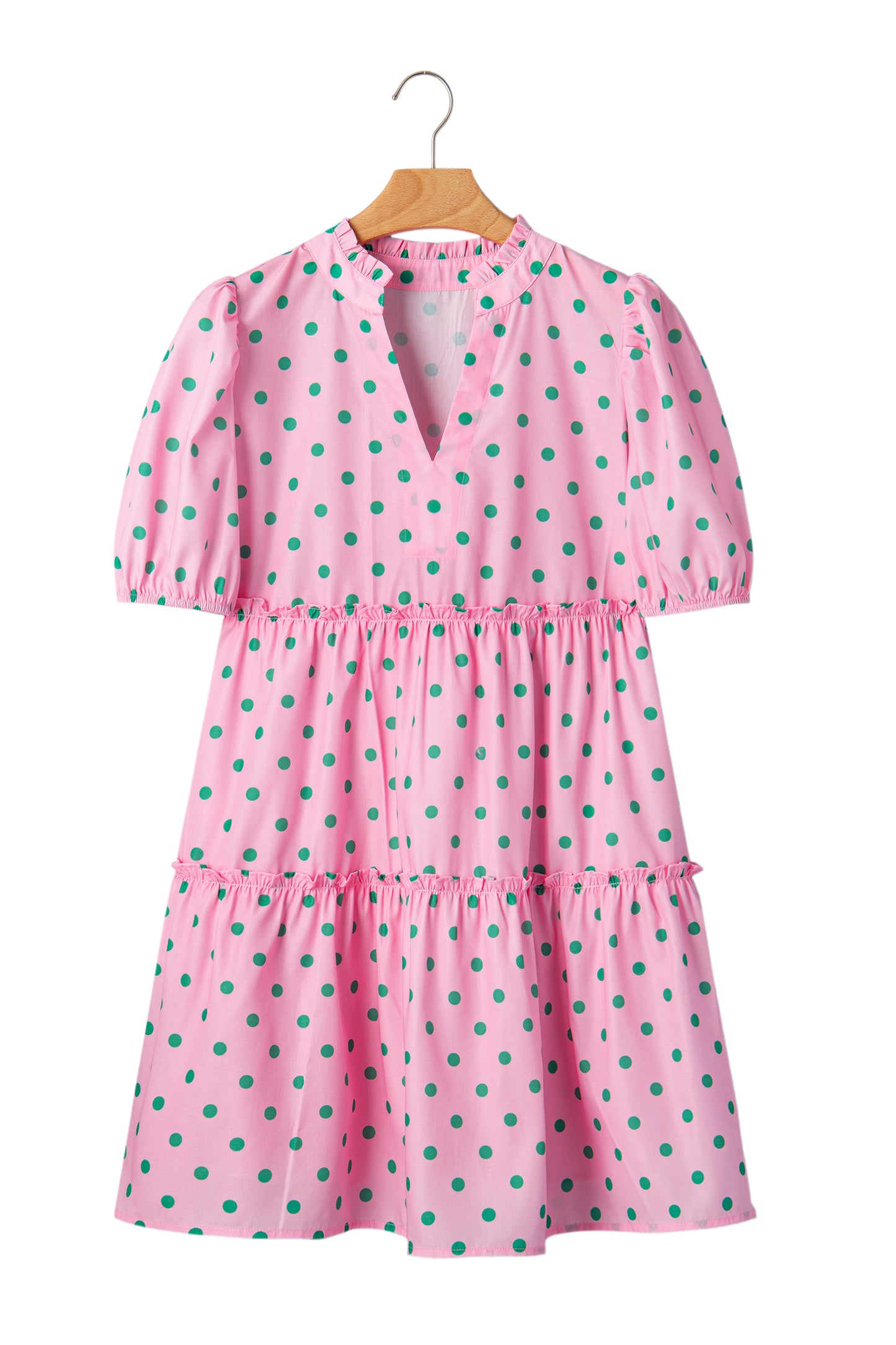 Pink Polka Dot Print V Neck Short Sleeve Tiered Mini Dress