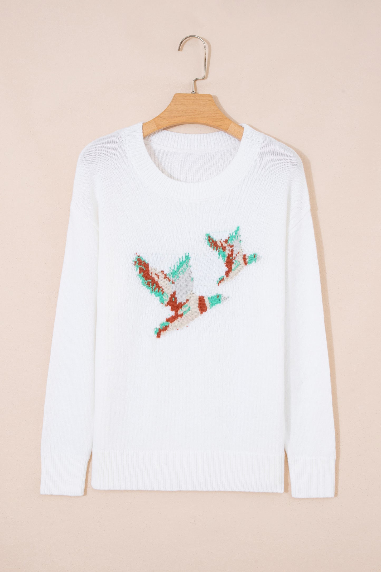 White Drop Shoulder Round Neck Long Sleeve Pullover Sweater