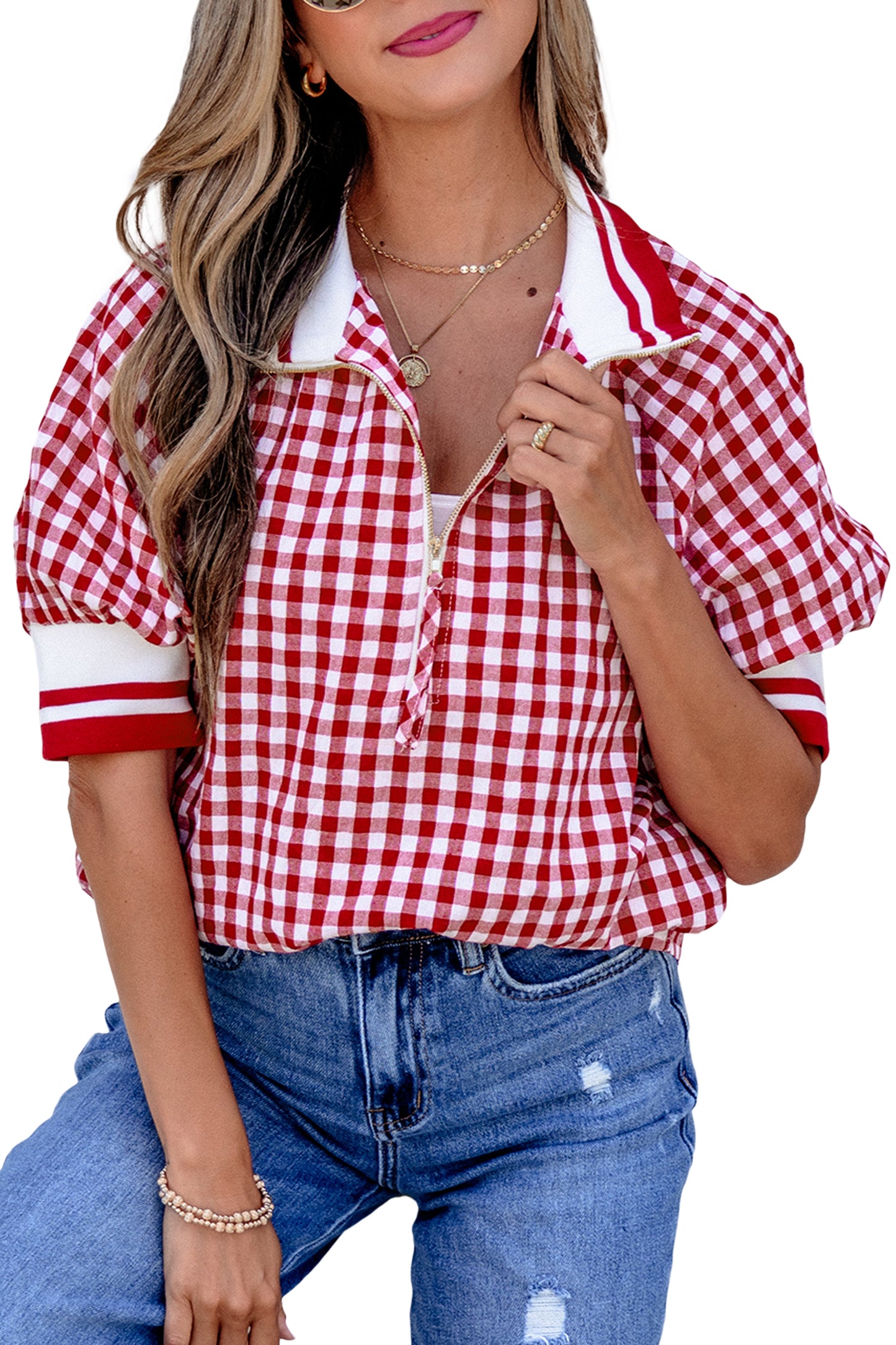 Red Gingham Striped Patchwork Half Zip Blouse