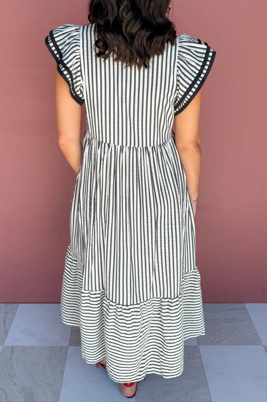 Black Stripe Plus Size Slit V Neck Tiered Flutter Sleeve Maxi Dress