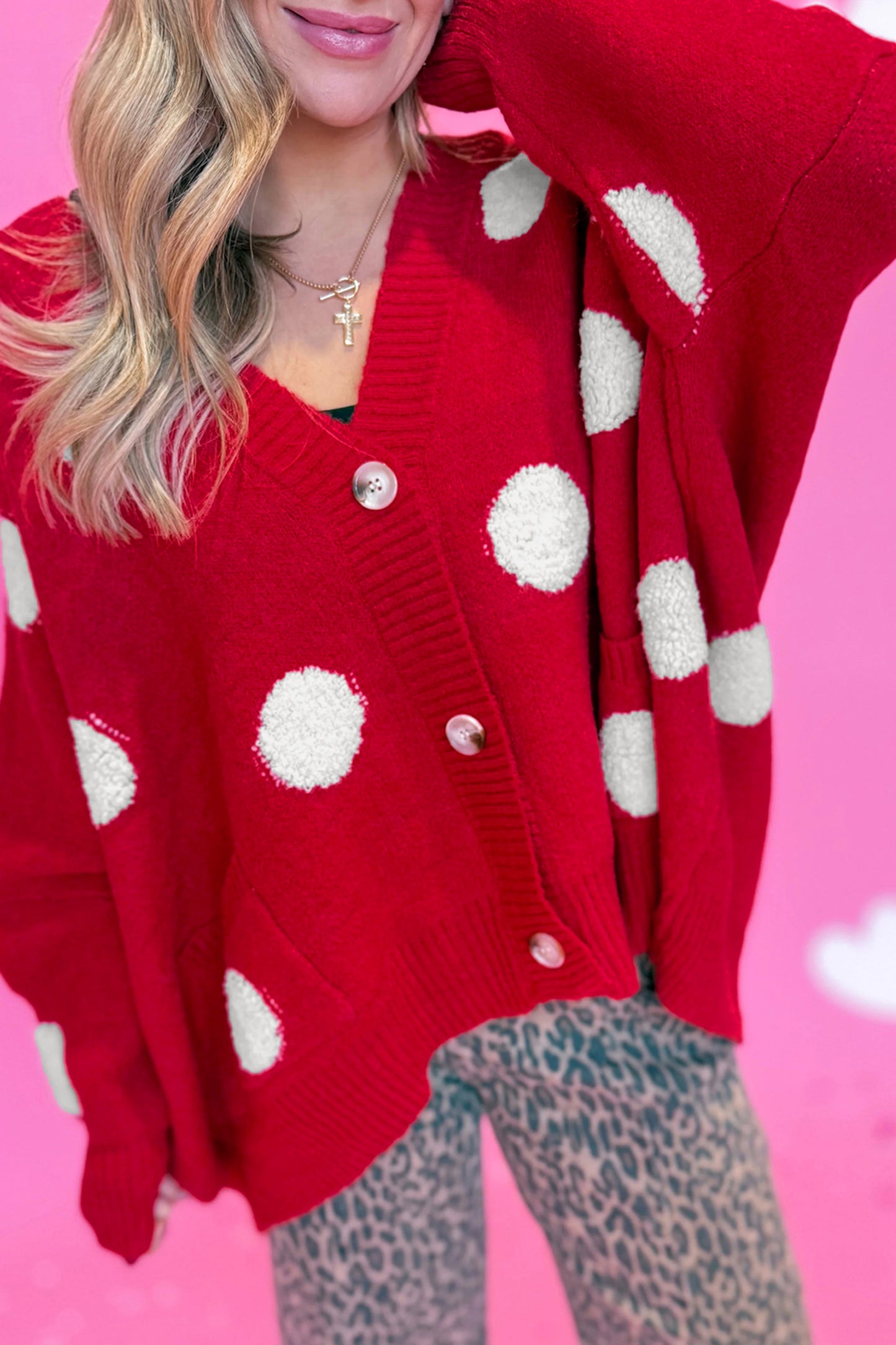 Beige Polka Dot Button Front Oversized V Neck Cardigan