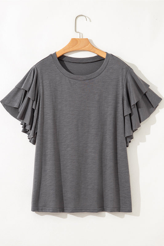 Dark Grey Double Ruffled Short Sleeve Plus Size Top