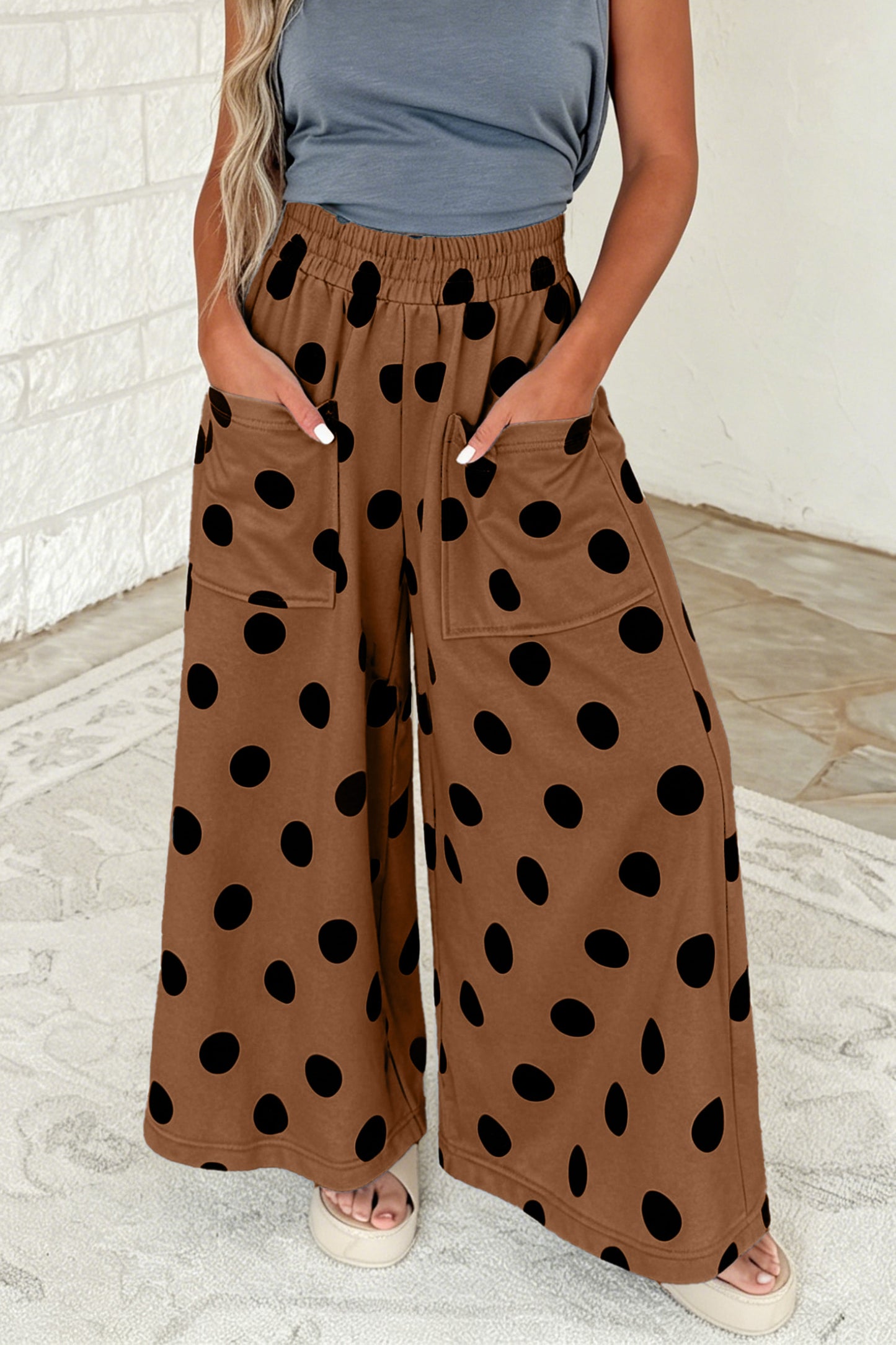 Sky Blue Polka Dot Wide Leg Elastic Waist Casual Pants