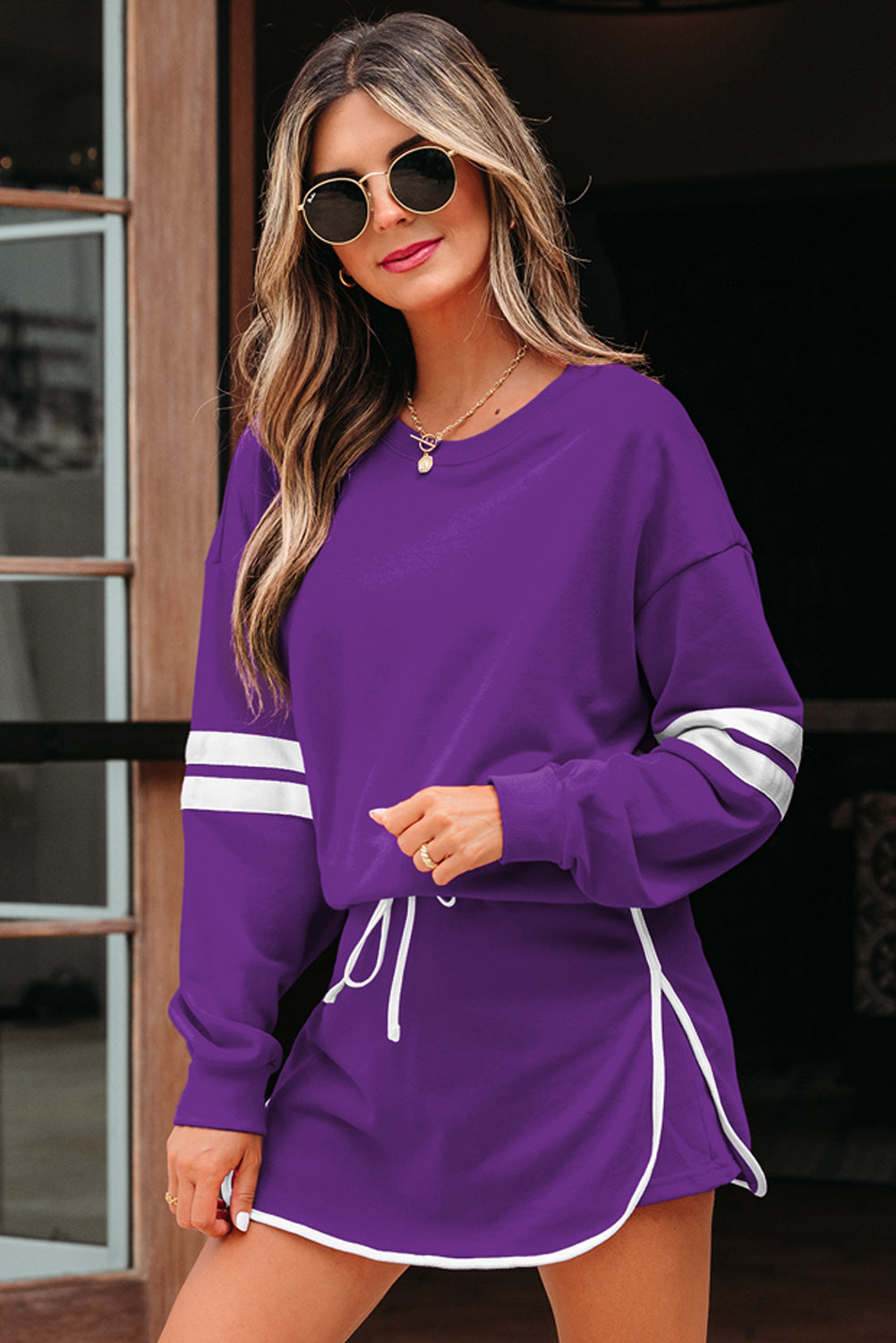Sky Blue Varsity Stripe Detail Drop Shoulder Pullover Mini Skort Set