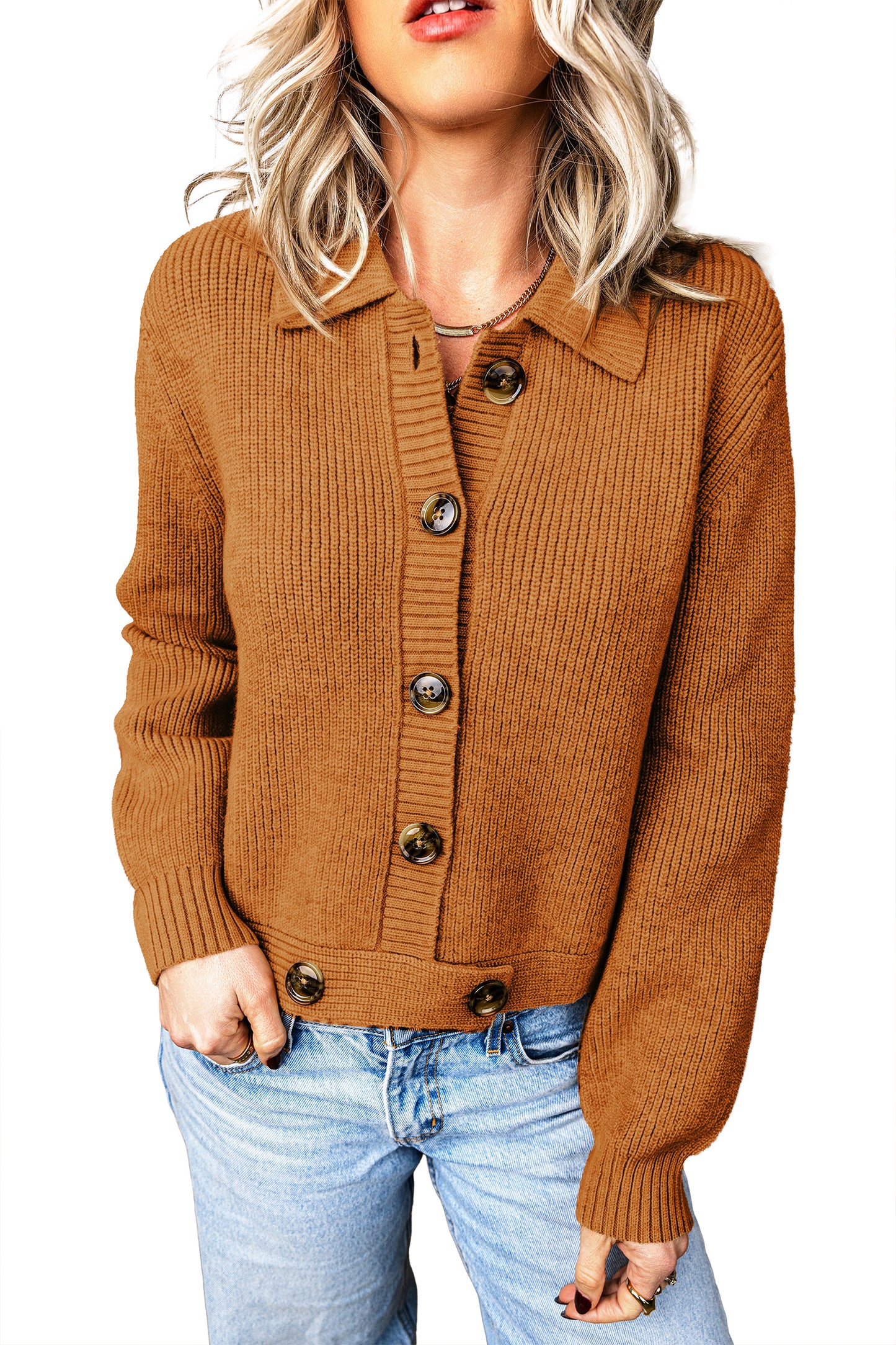 Mustard Ribbed Knit Collar Button Front Long Sleeve Cardigan