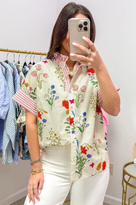 Porch Pick-up Beige Floral Striped Patchwork Ruffled Collar Short Sleeve Shirt