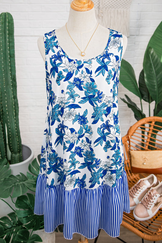 Porch Pick-up Sky Blue Floral Print U Neck Sleeveless Striped Ruffle Hem Patchwork Dress