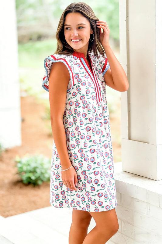 Porch Pick-up Red Floral Print Contrast Trim Flutter Sleeve Mini Dress