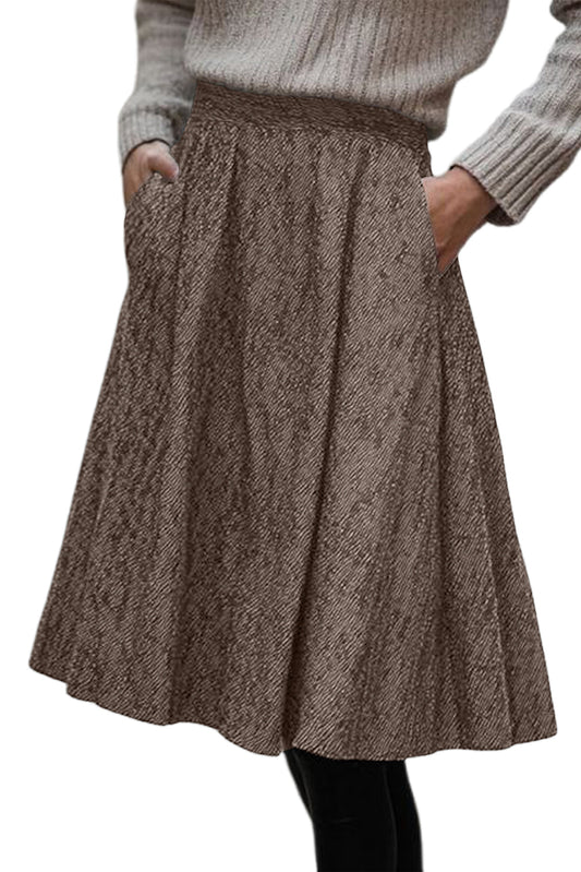 Brown Solid Color Textured Pleated Midi Skirt