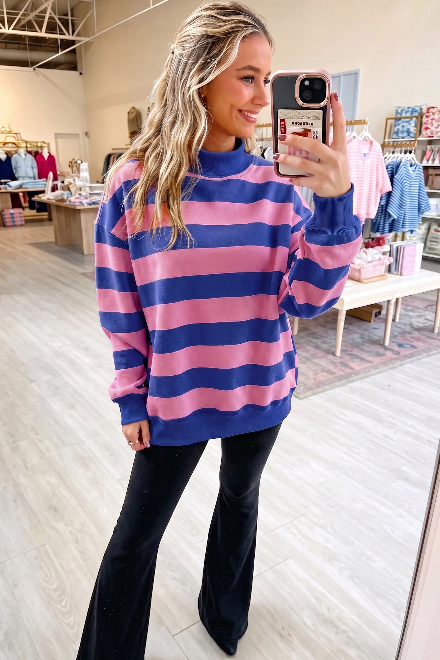 Blue Stripe Colorblock Mock Neck Relaxed Sweatshirt