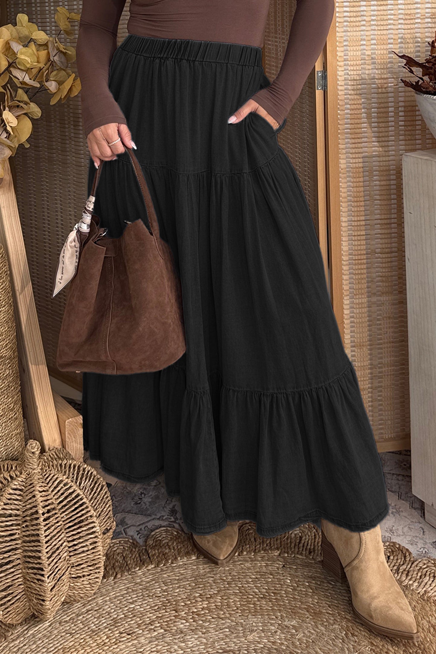 Beau Blue Elastic Waist Ruffled Tiered Flared Denim Maxi Skirt