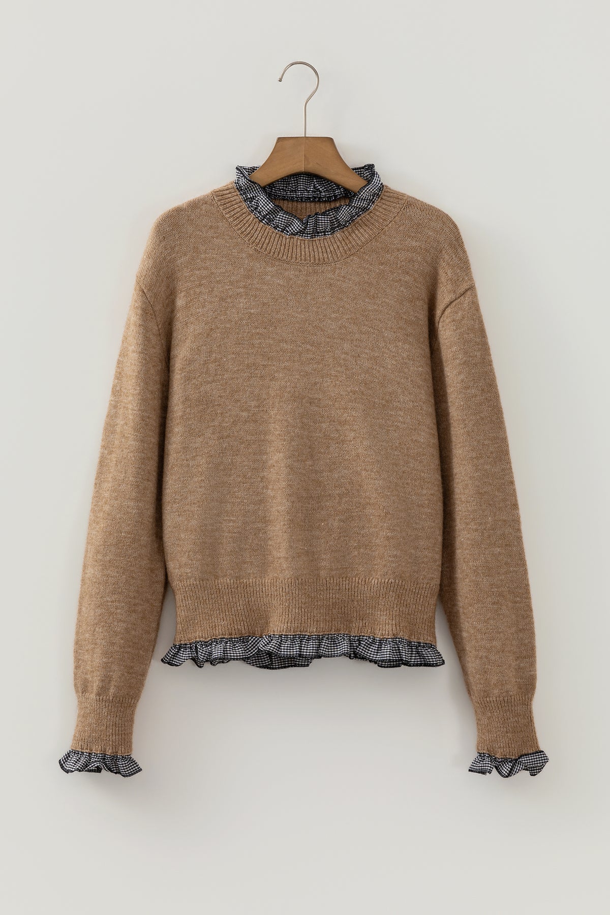 Chicory Coffee Contrast Plaid Ruffle Trim Pullover Sweater