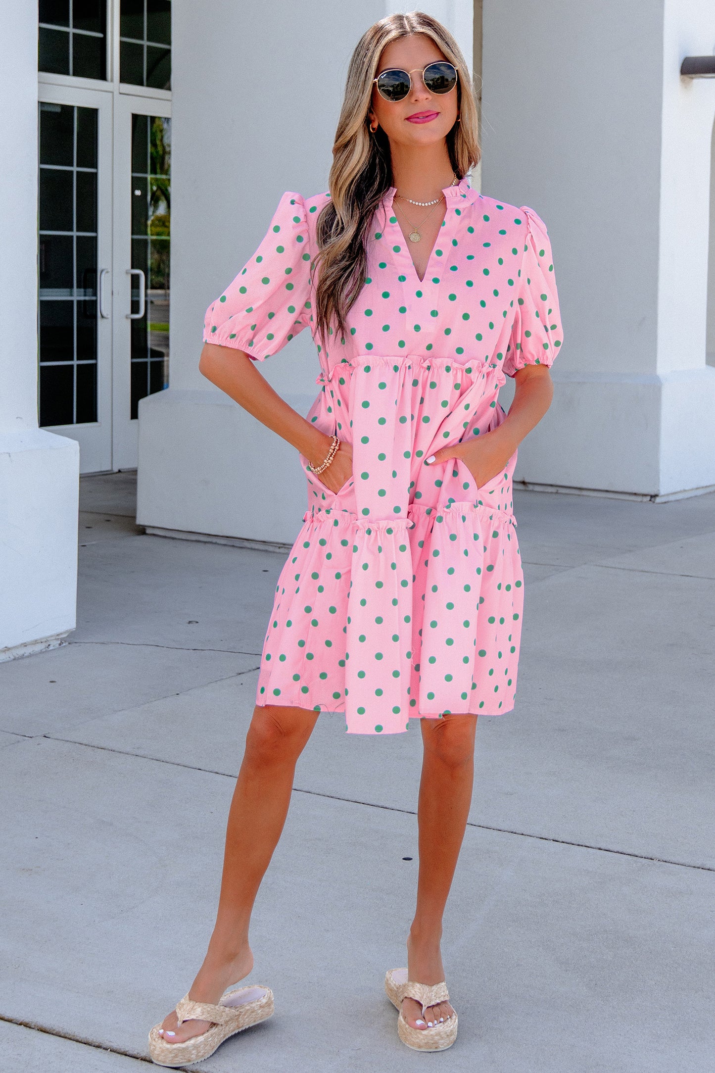 Pink Polka Dot Print V Neck Short Sleeve Tiered Mini Dress