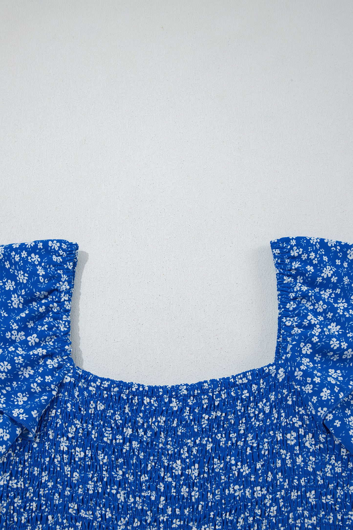 Blue Ditsy Floral Print Smocked Square Neck Ruffle Short Sleeve Dress