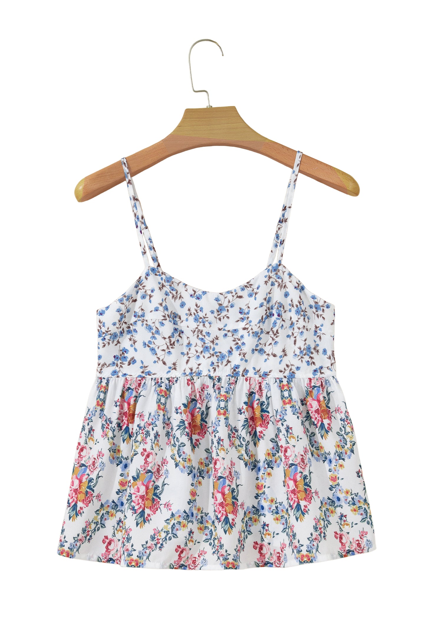 White Contrast Floral Printed Spaghetti Straps Babydoll Top