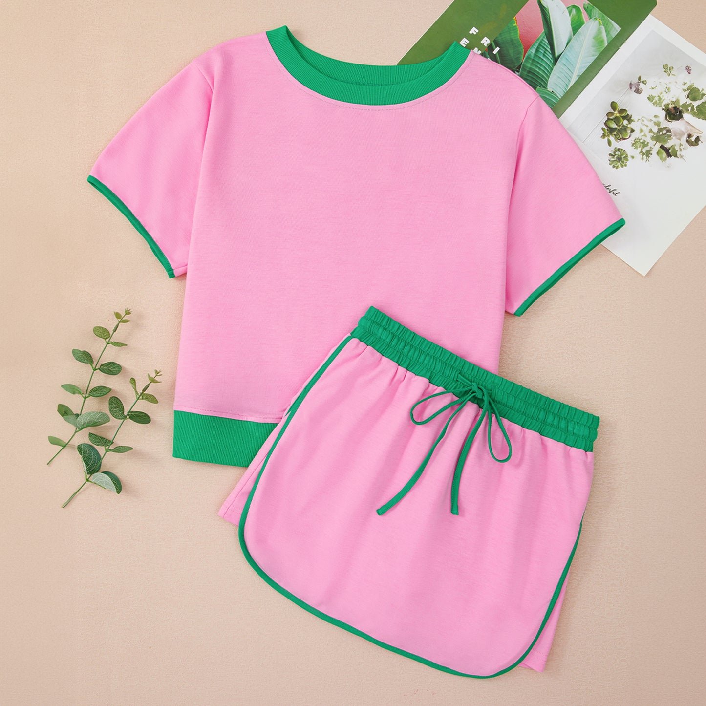 Turquoise Colorblock Edge Drop Shoulder T Shirt and Skort 2Pcs Set