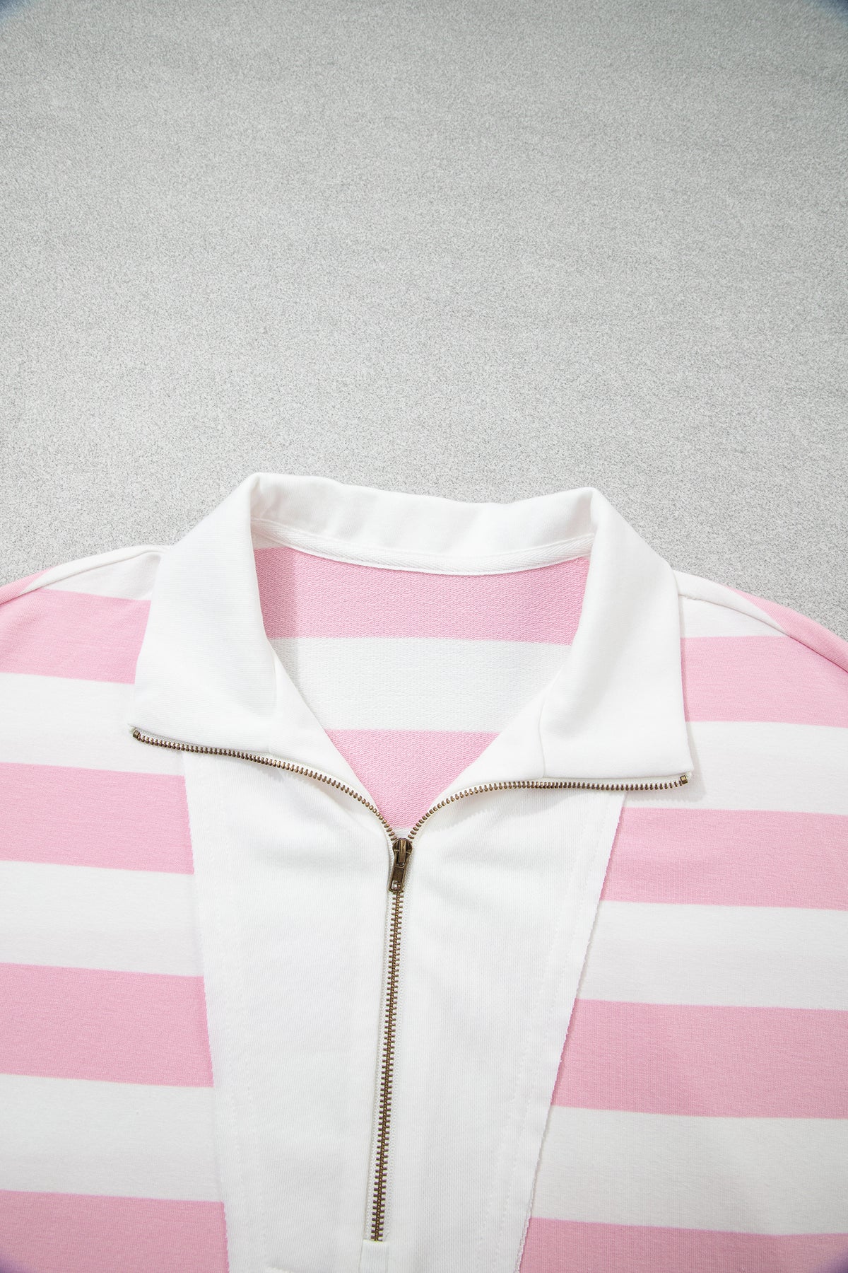 Pink Stripe Color Block Patchwork Zip Long Sleeve Top Elastic Waist Pants Set