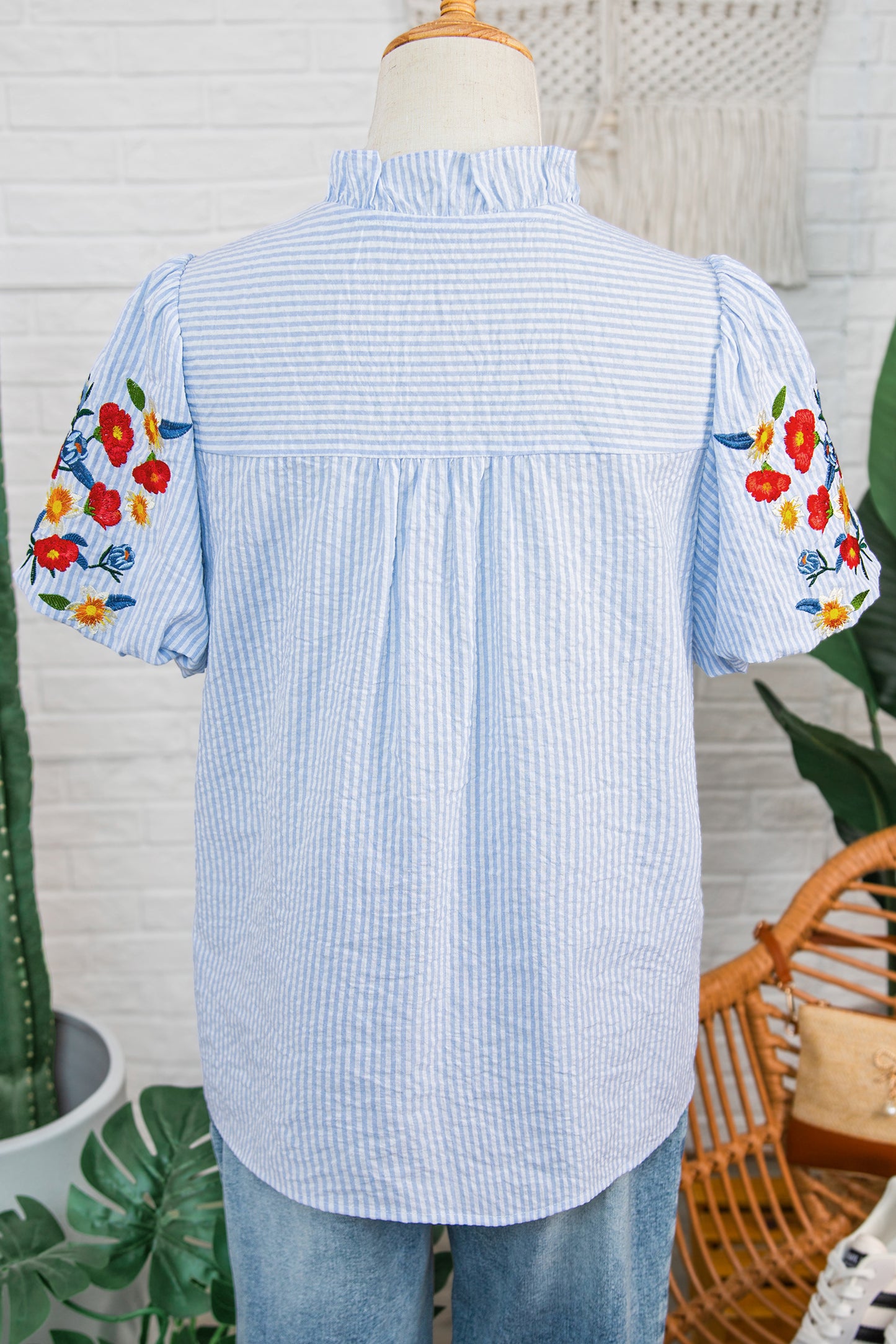 Sky Blue Stripe Floral Embroidered Puff Sleeve Ruffle Trim Shirt