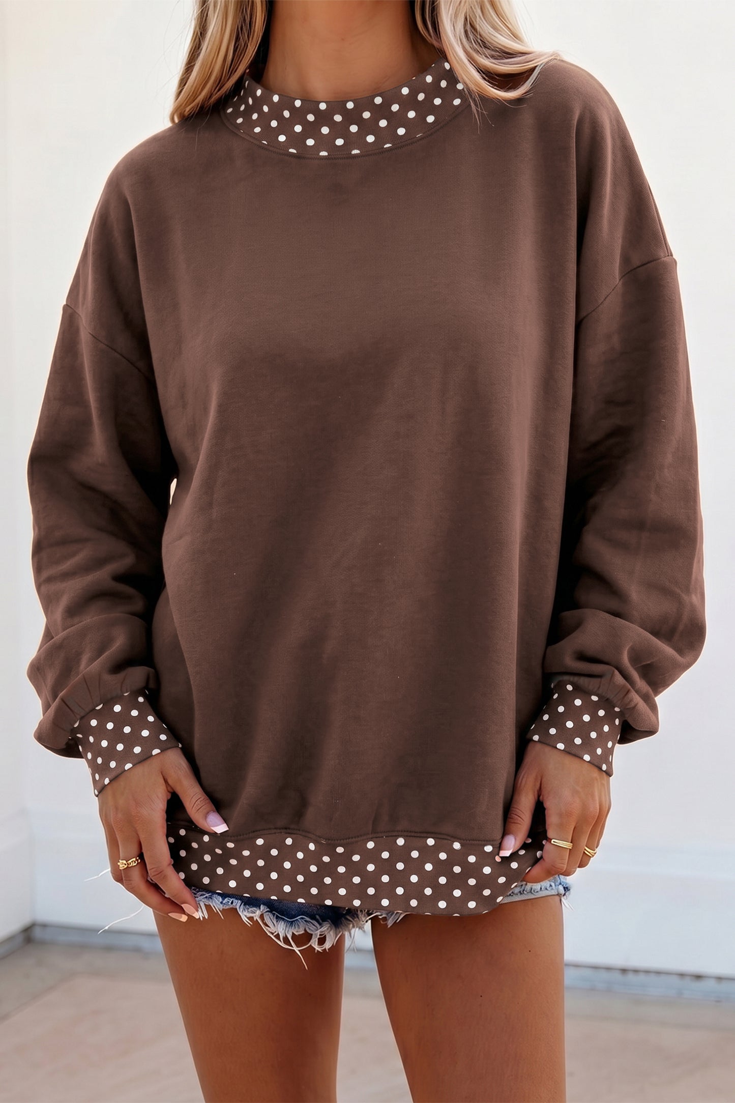 Dirty blue Colorblock Polka Dot Contrast Trim Oversized Sweatshirt