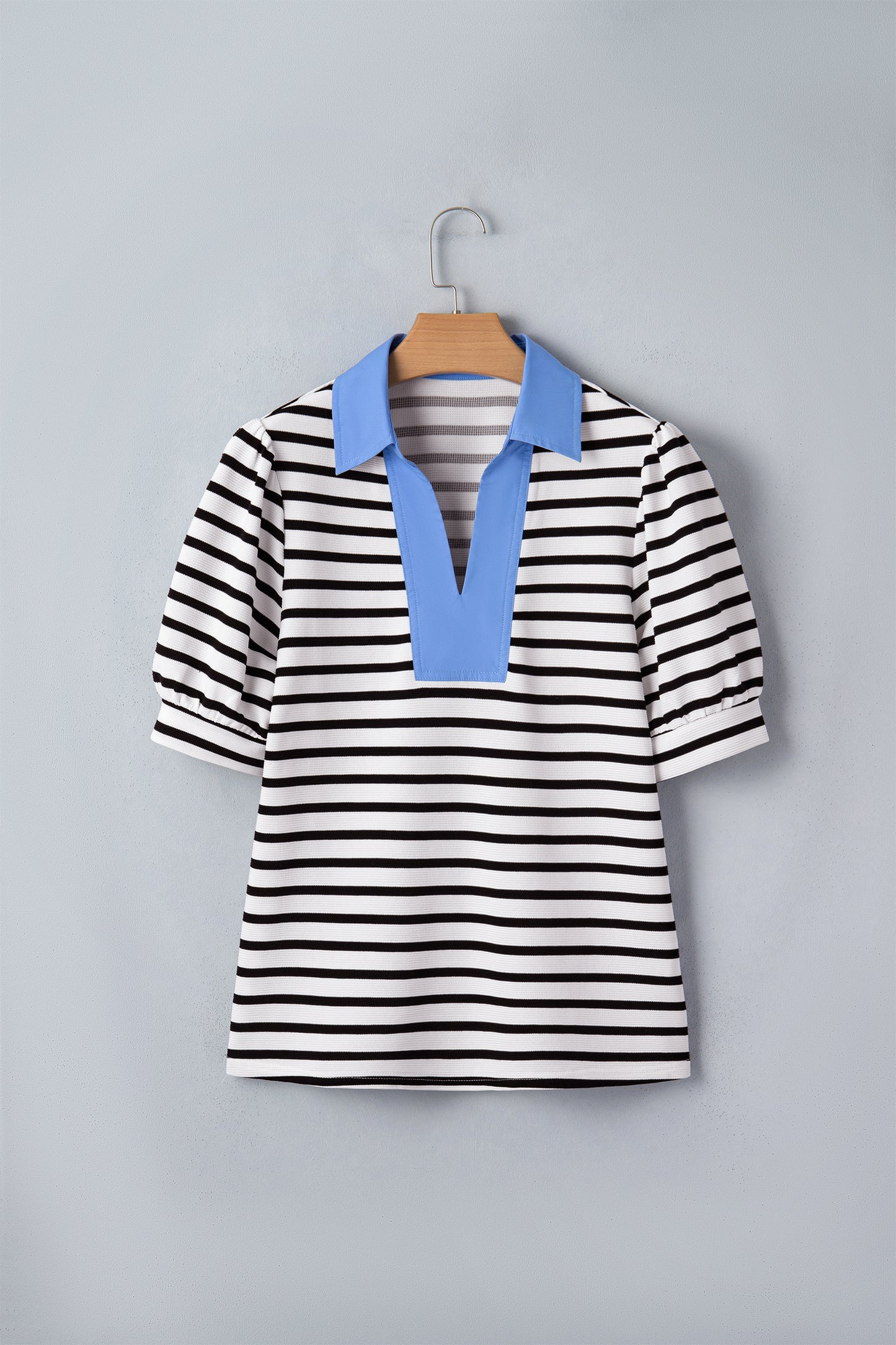Blue Stripe Short Puff Sleeve Color Block Polo Collar Blouse