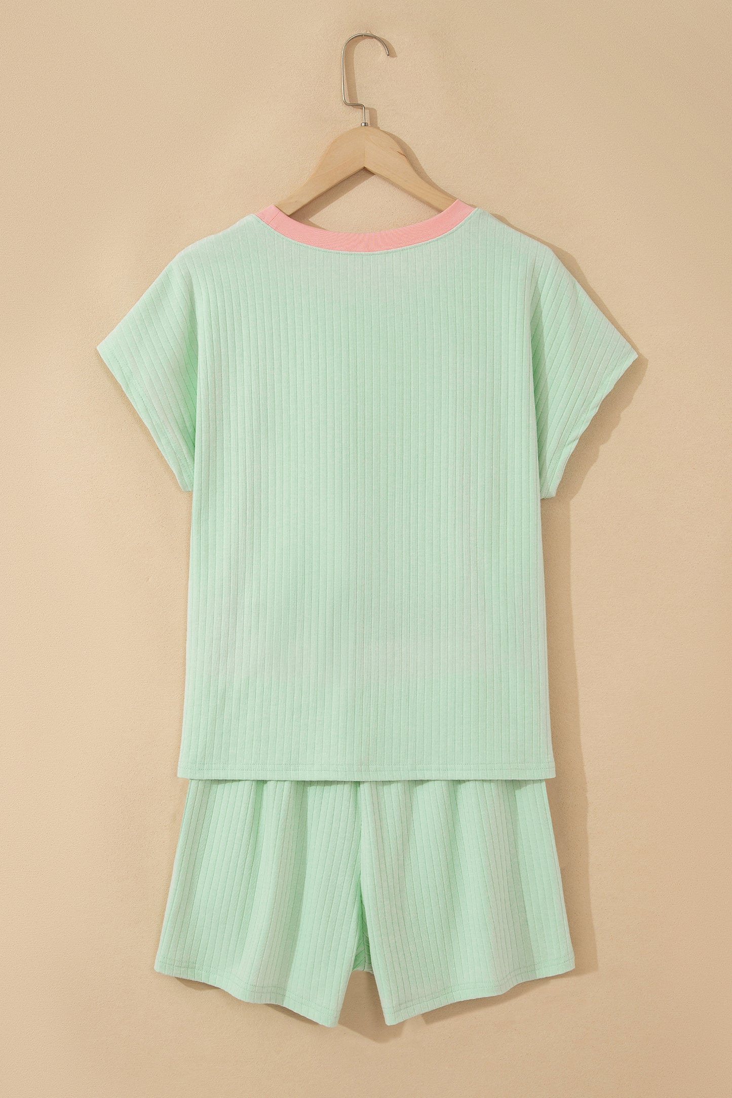 Sachet Pink Soft Ribbed Color Block Trim Casual Short Set