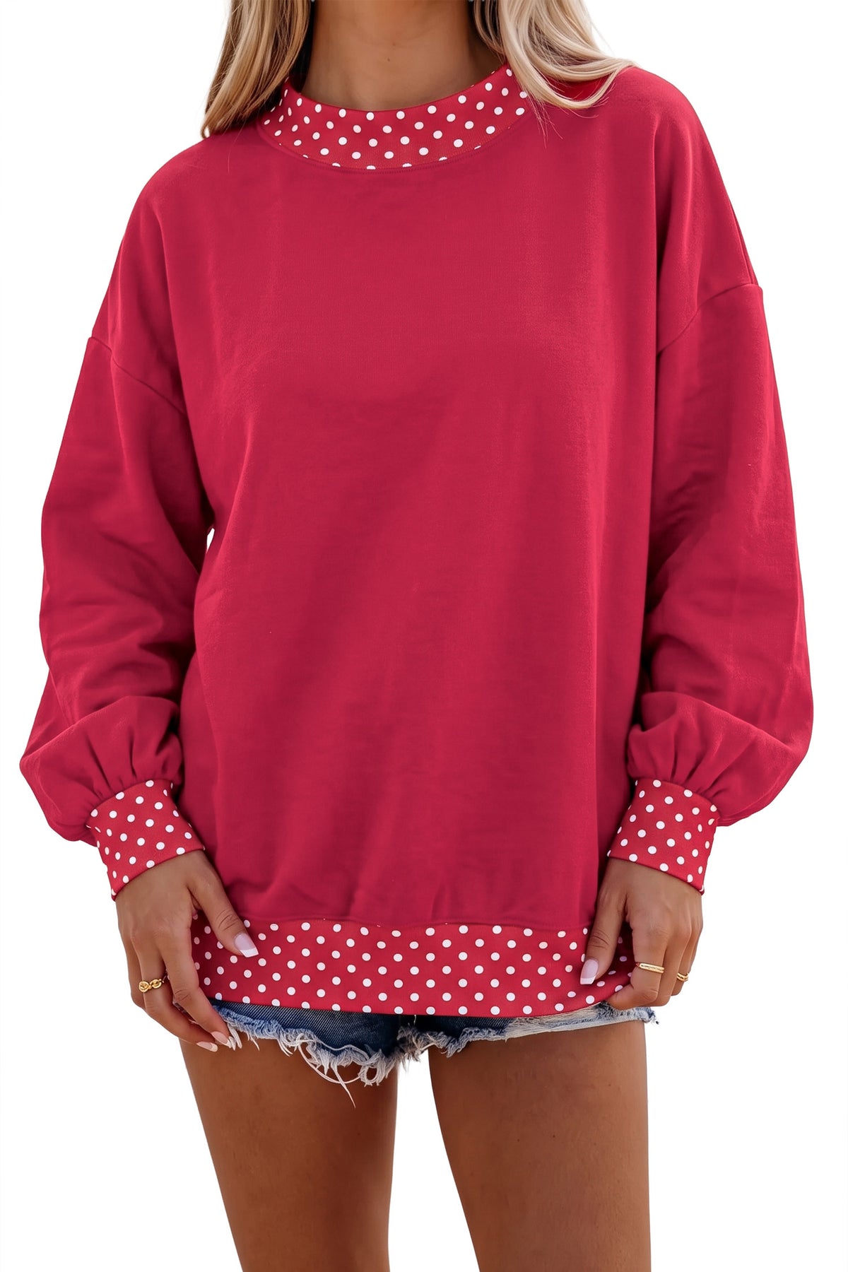 Dirty blue Colorblock Polka Dot Contrast Trim Oversized Sweatshirt