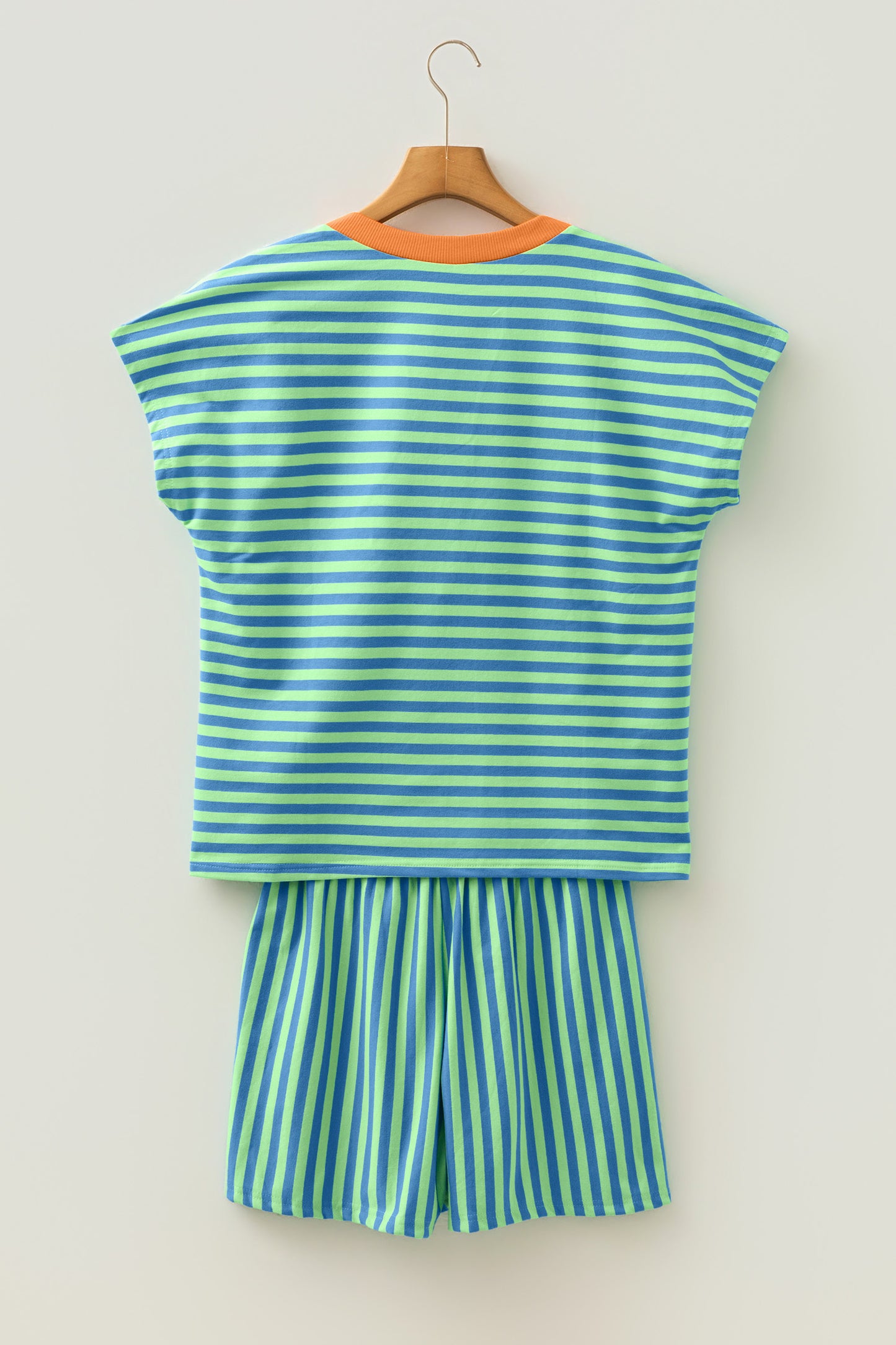 Pink Stripe Colorblock Trim V Neck Tee Drawstring Elastic Waist Short Set