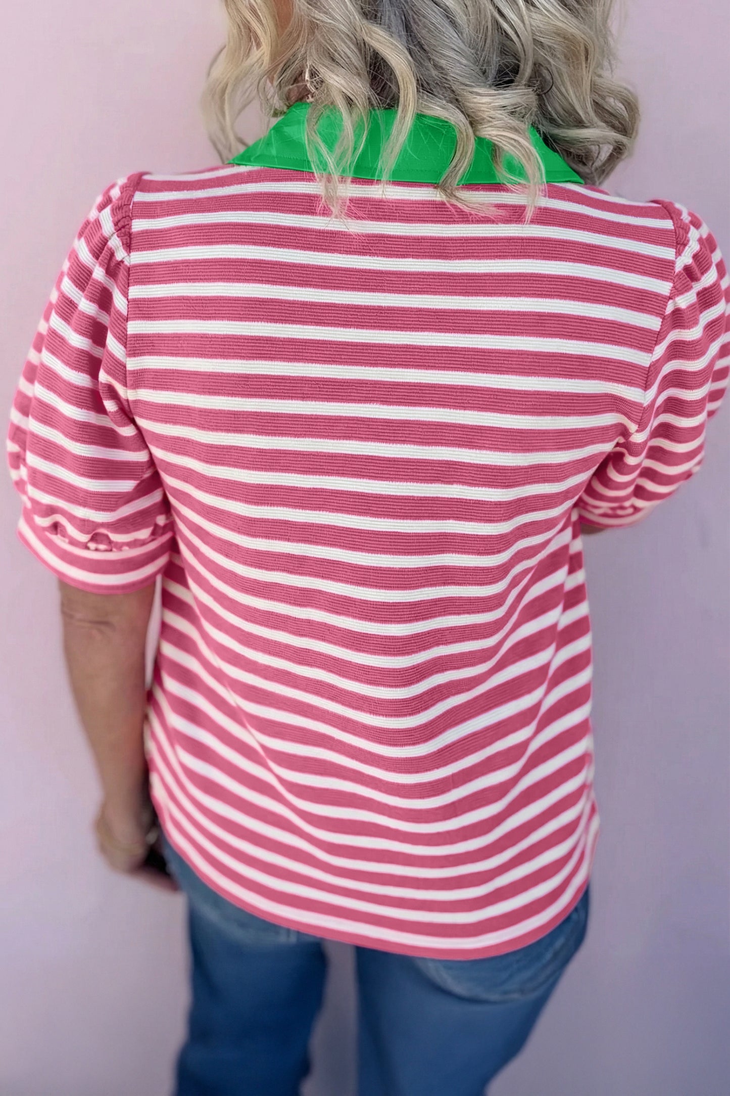Blue Stripe Short Puff Sleeve Color Block Polo Collar Blouse
