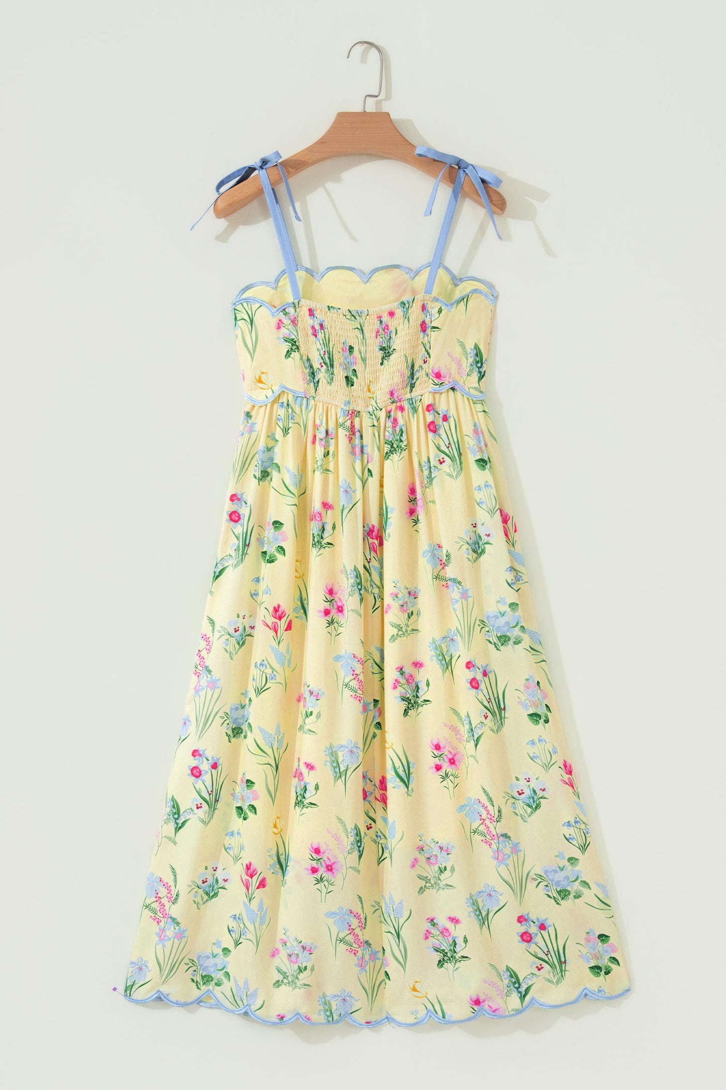 Beige Floral Print Contrast Trim Self-tie Straps High Waist Midi Dress