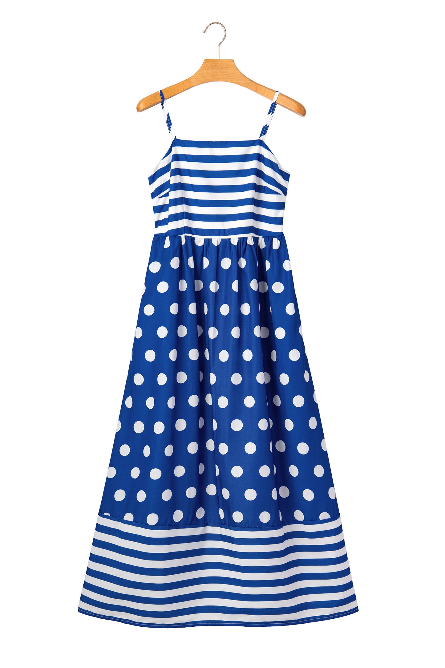 Blue Striped Polka Dot Patchwork High Waist Spaghetti Straps Maxi Dress