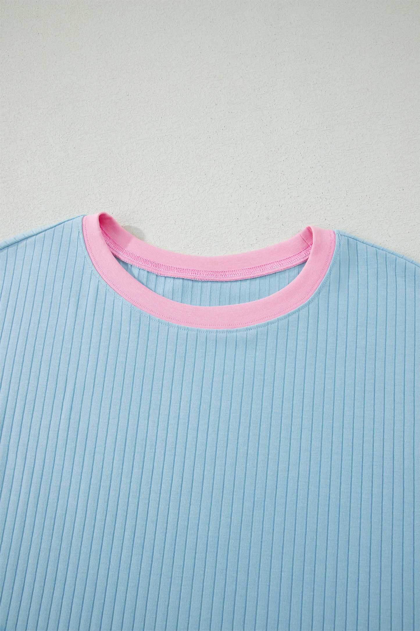 Sachet Pink Soft Ribbed Color Block Trim Casual Short Set