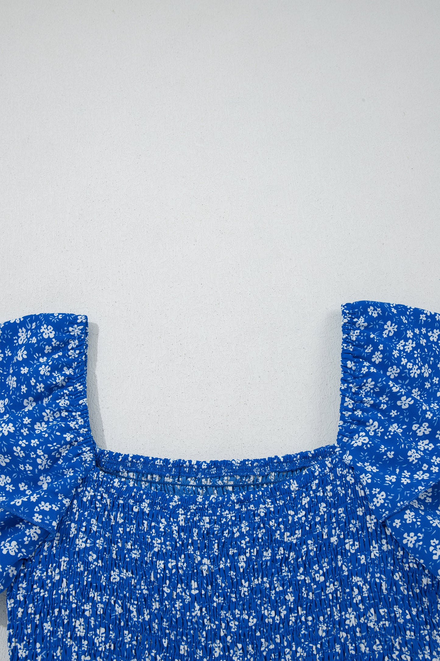 Blue Ditsy Floral Print Smocked Square Neck Ruffle Short Sleeve Dress
