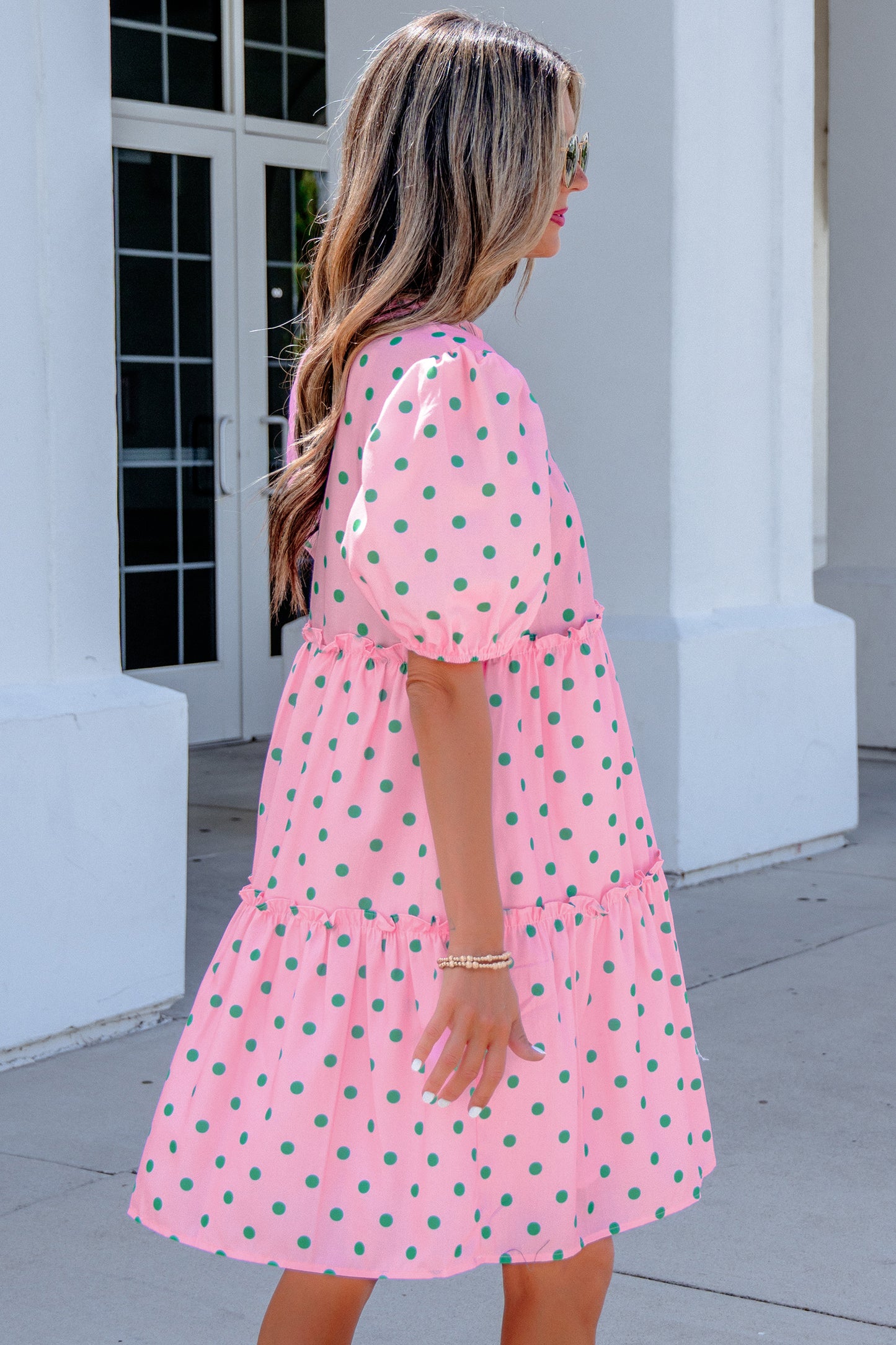 Pink Polka Dot Print V Neck Short Sleeve Tiered Mini Dress