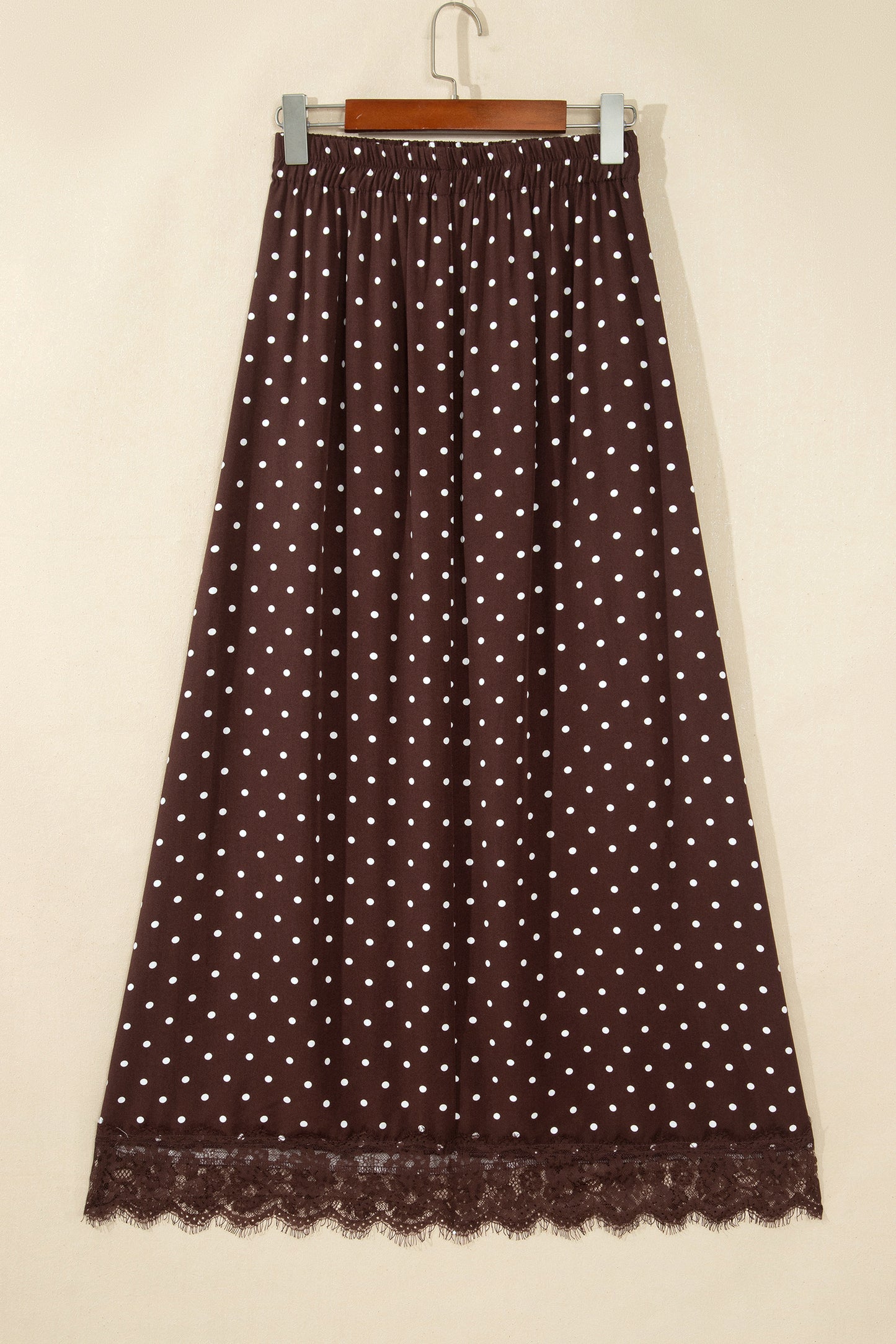 Brown Polka Dot Lace Hem Elegant Long Shift Skirt
