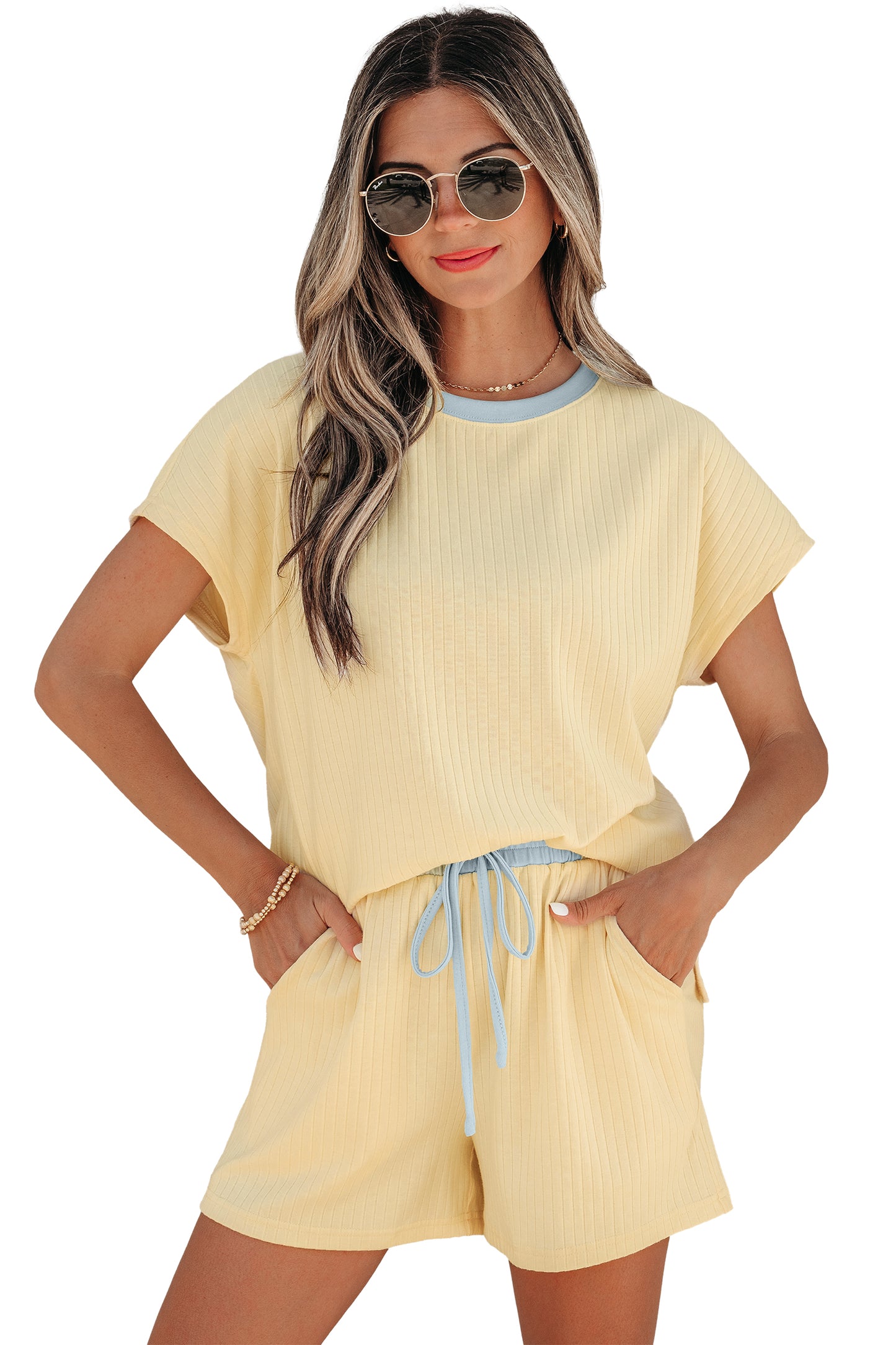 Sachet Pink Soft Ribbed Color Block Trim Casual Short Set