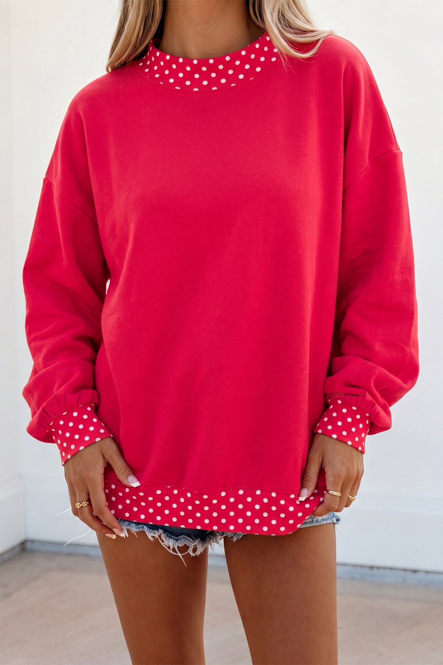 Dirty blue Colorblock Polka Dot Contrast Trim Oversized Sweatshirt