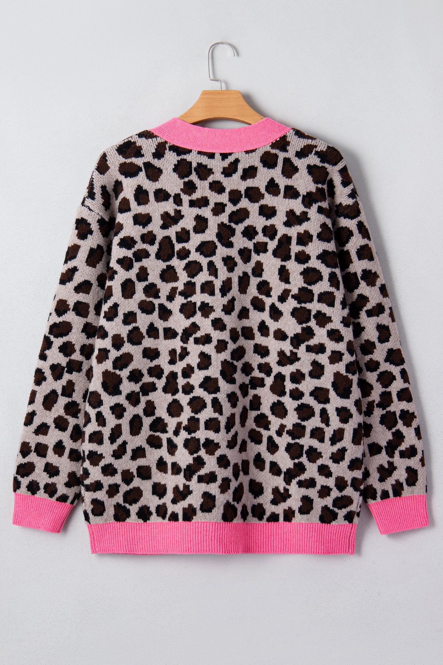 Khaki Oversize Color Block Trim Button Down Leopard Print Cardigan