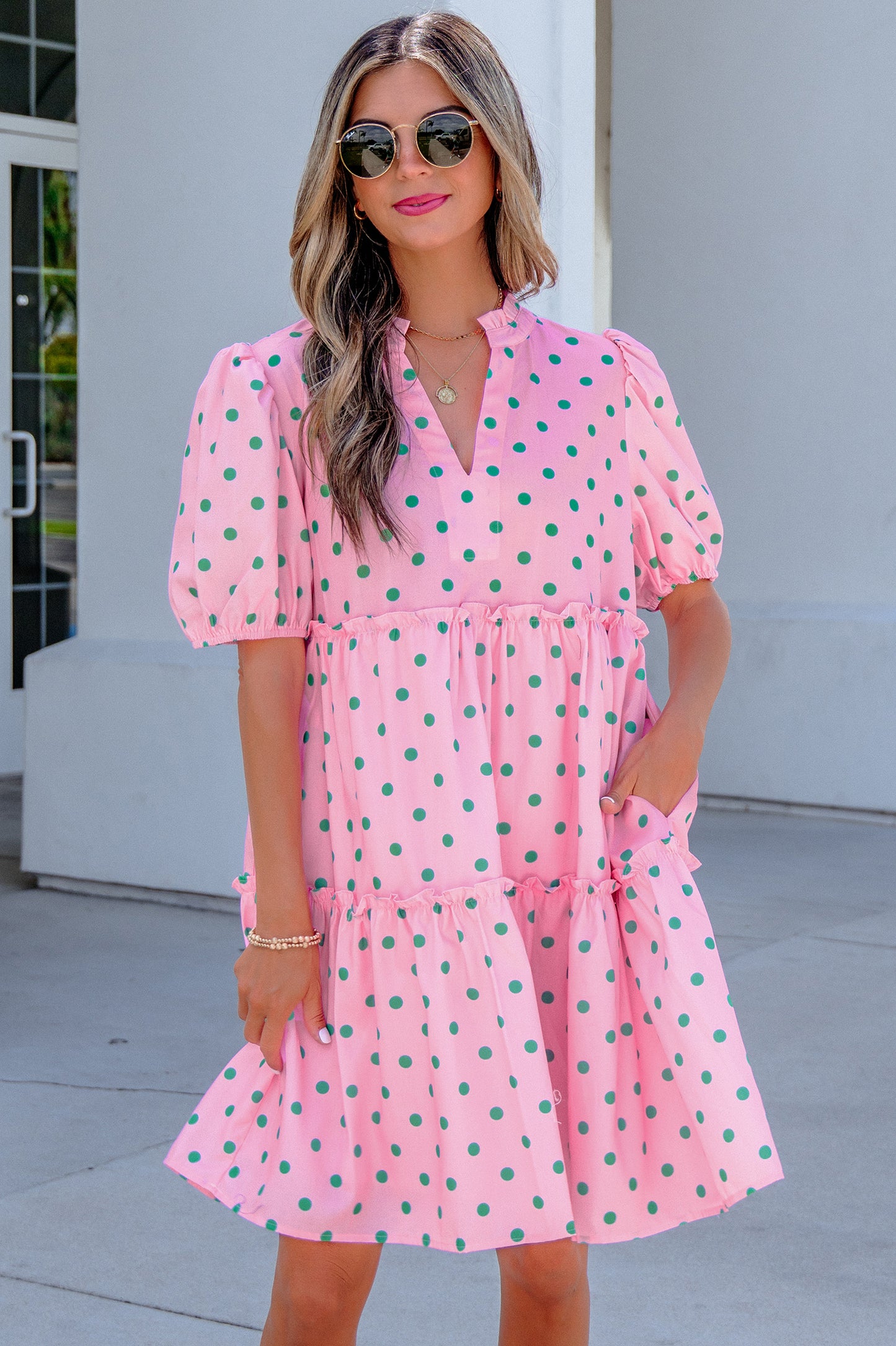 Pink Polka Dot Print V Neck Short Sleeve Tiered Mini Dress