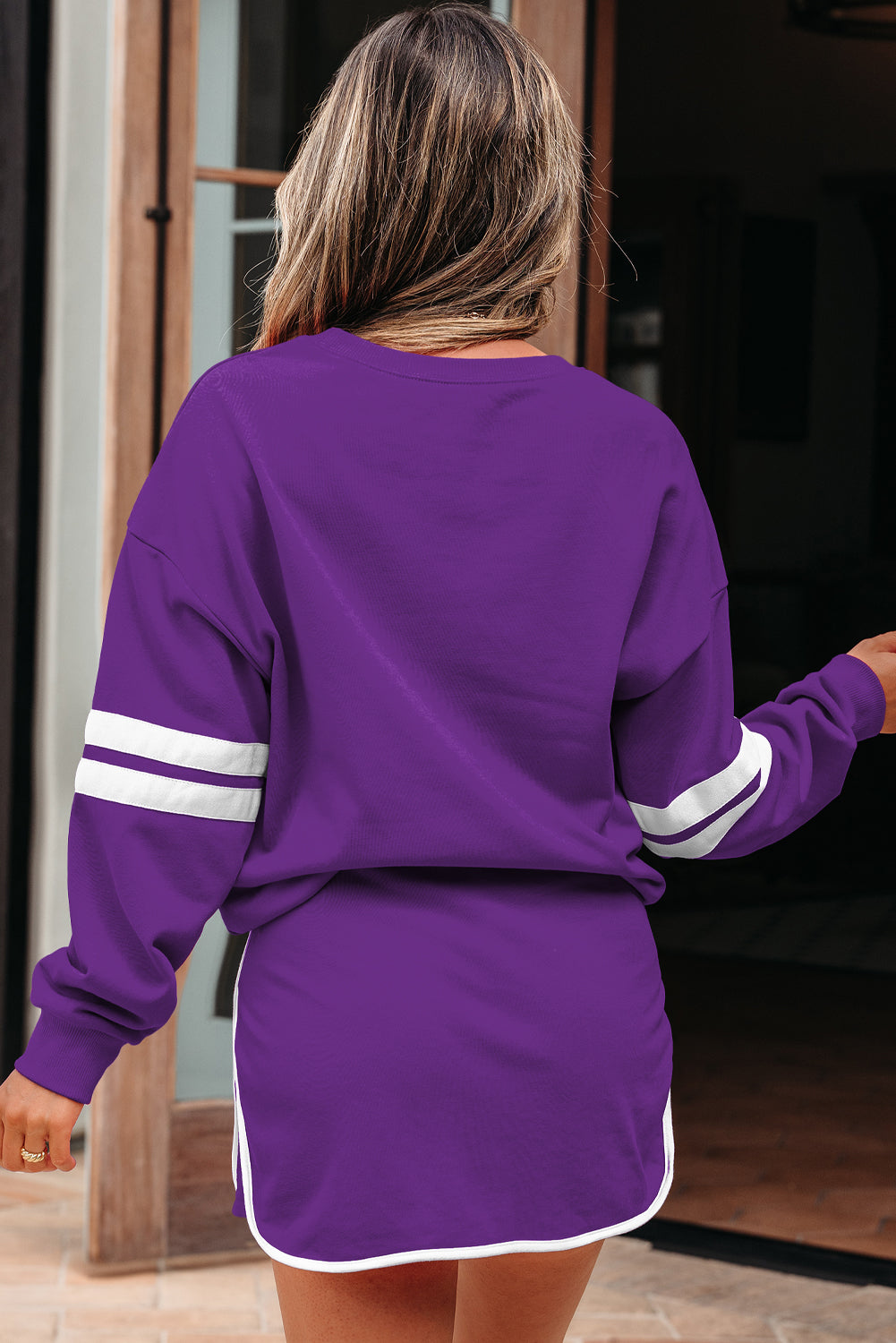 Sky Blue Varsity Stripe Detail Drop Shoulder Pullover Mini Skort Set