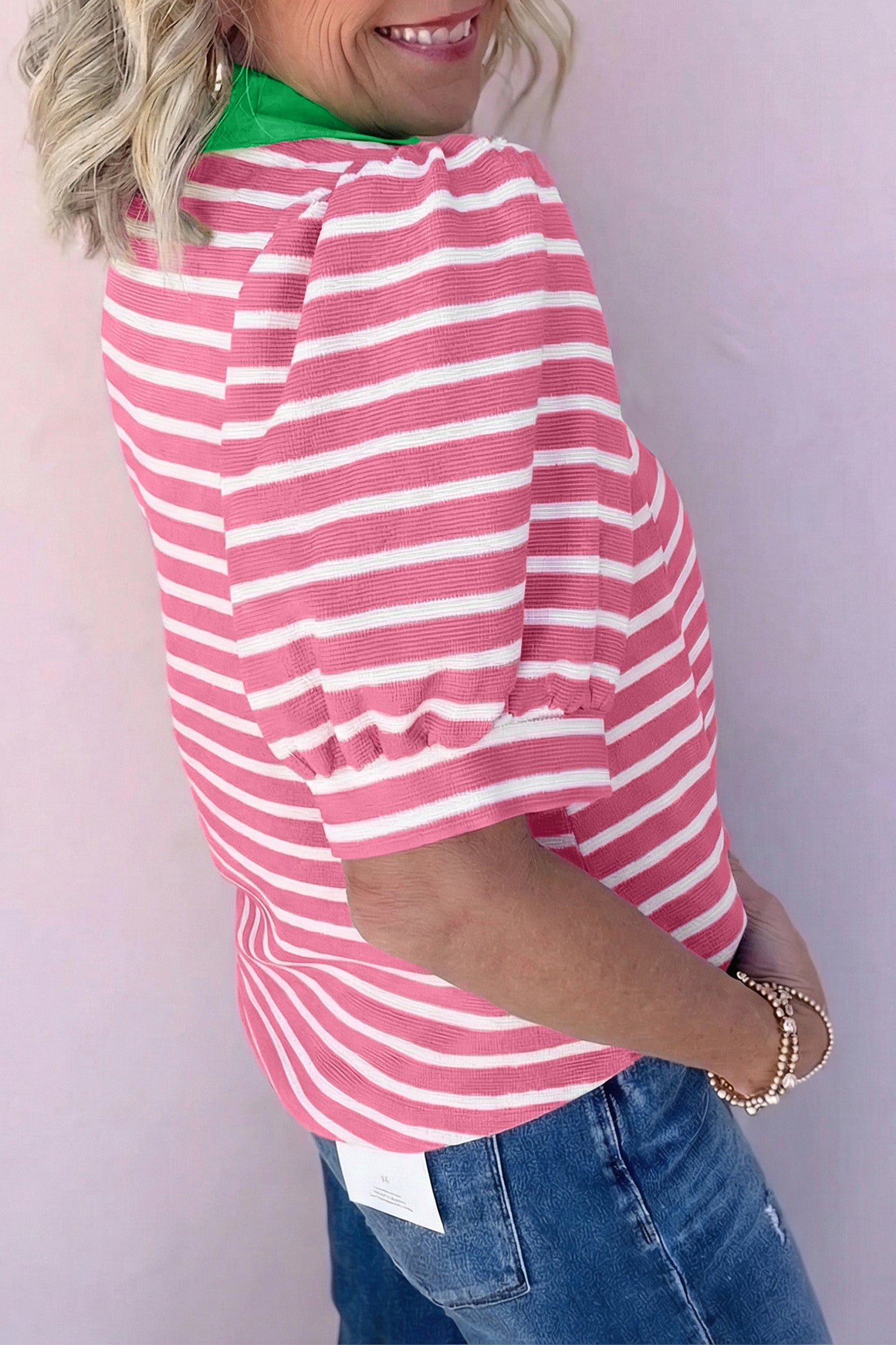 Blue Stripe Short Puff Sleeve Color Block Polo Collar Blouse