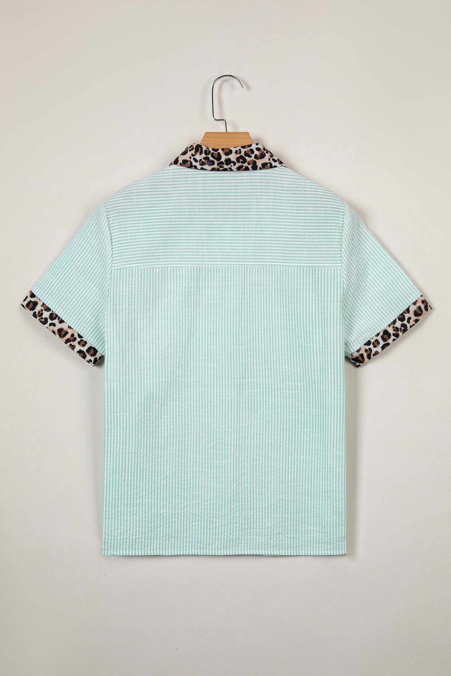 Sky Blue Stripe Leopard Contrast Collar Short Sleeve Shirt