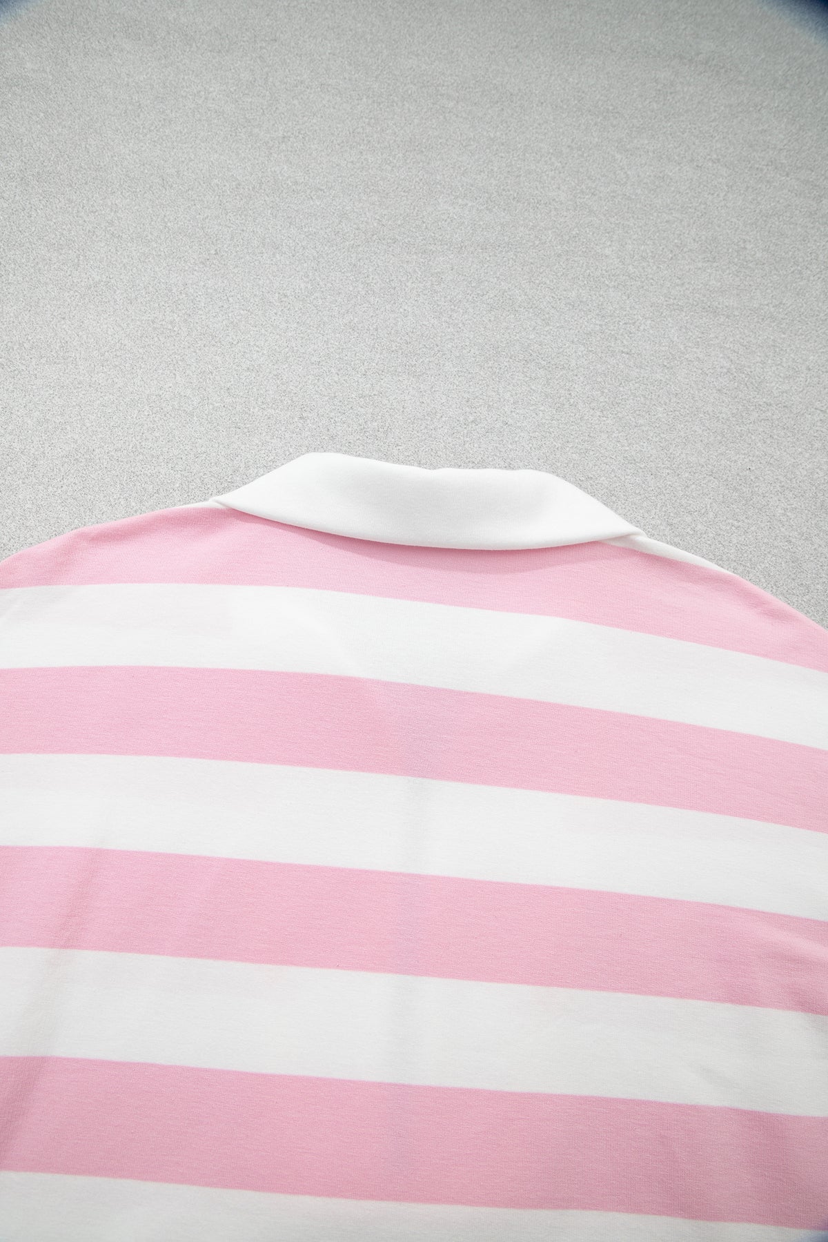 Pink Stripe Color Block Patchwork Zip Long Sleeve Top Elastic Waist Pants Set