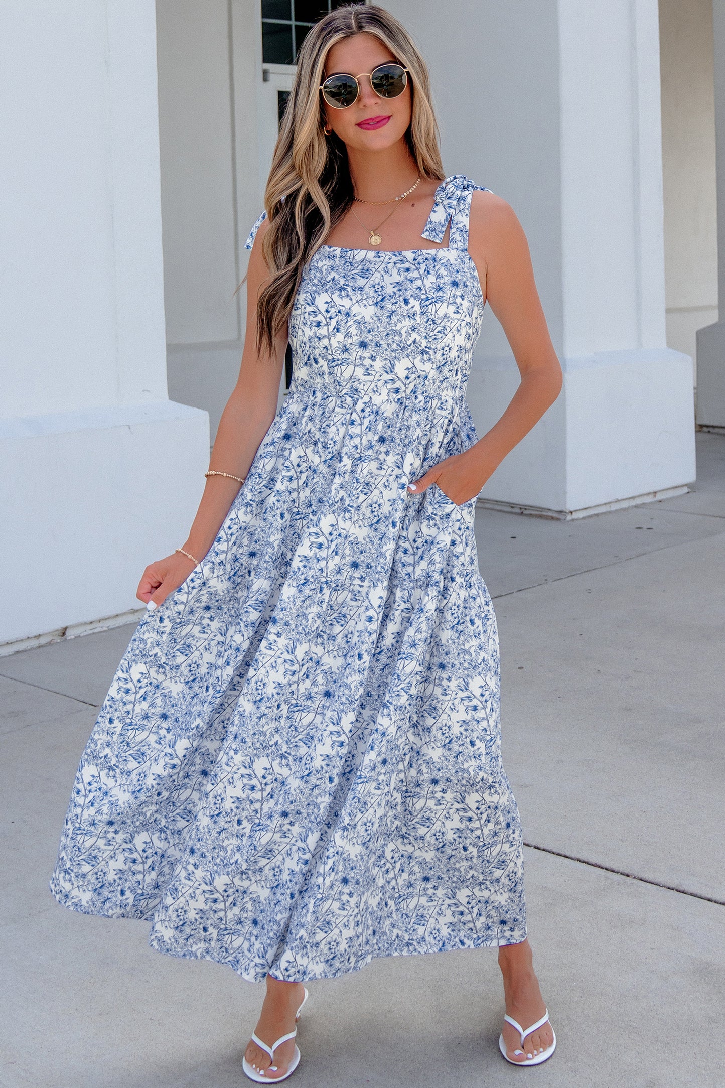 Sky Blue Floral Print Knot Straps High Waist Flared Maxi Dress