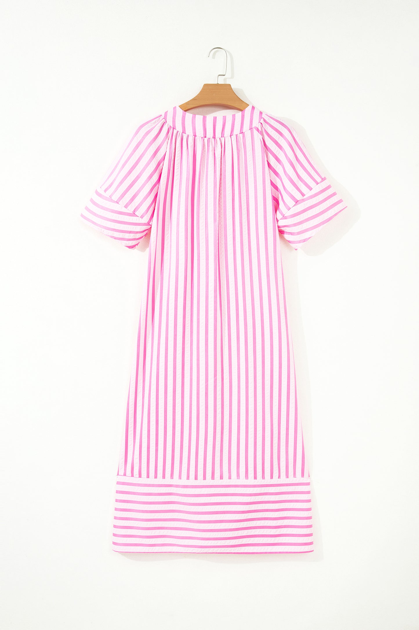 Pink Stripe V Neck Short Sleeve Shift Long Dress