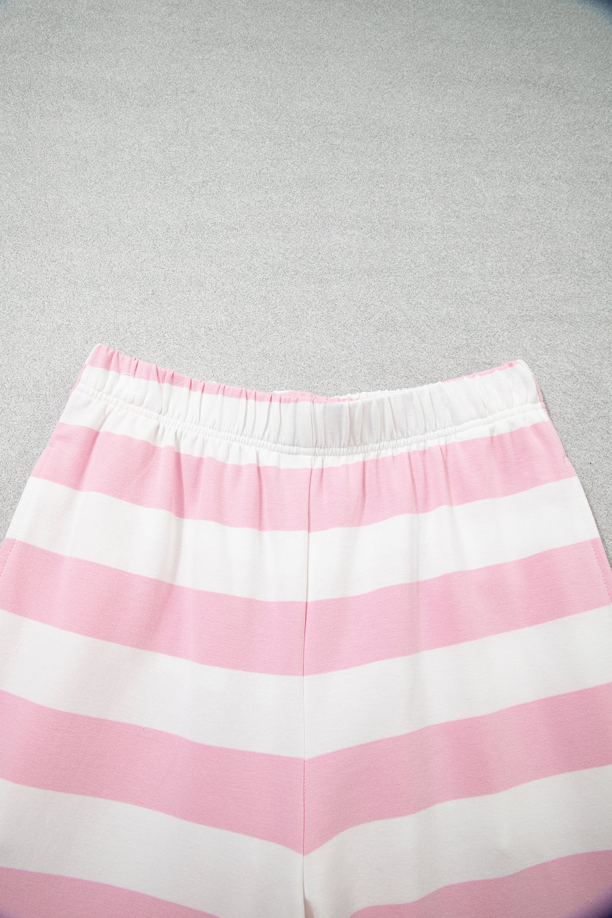 Pink Stripe Color Block Patchwork Zip Long Sleeve Top Elastic Waist Pants Set