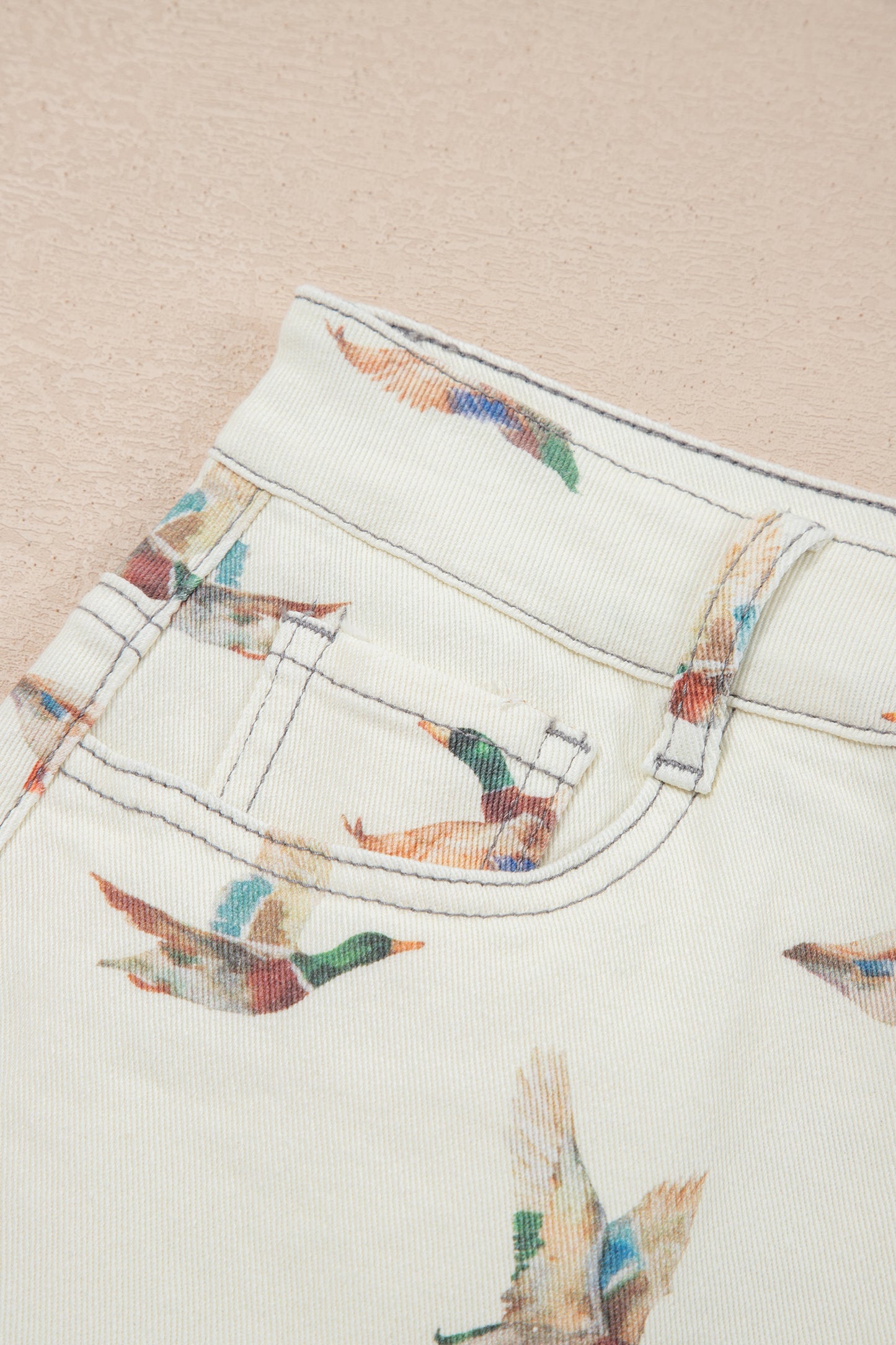 Beige Wild Duck Mallard High Waist Frayed Denim Shorts
