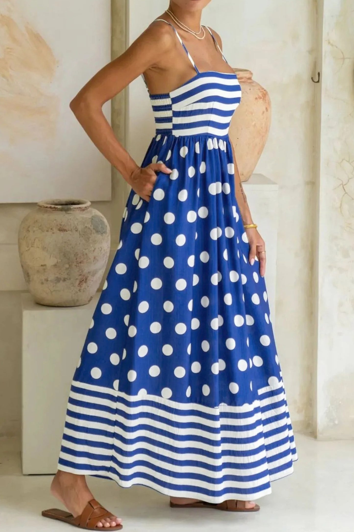 Blue Striped Polka Dot Patchwork High Waist Spaghetti Straps Maxi Dress
