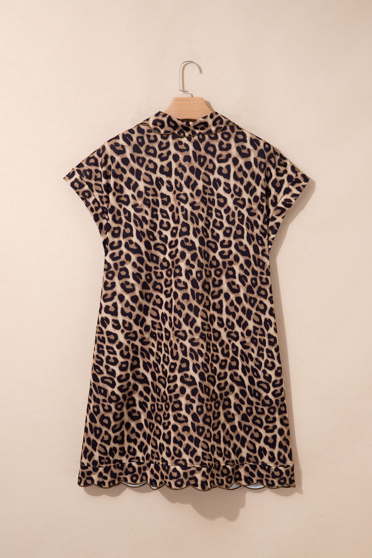 Khaki Buttoned Collar Short Sleeve Shift Leopard Dress with Pockets